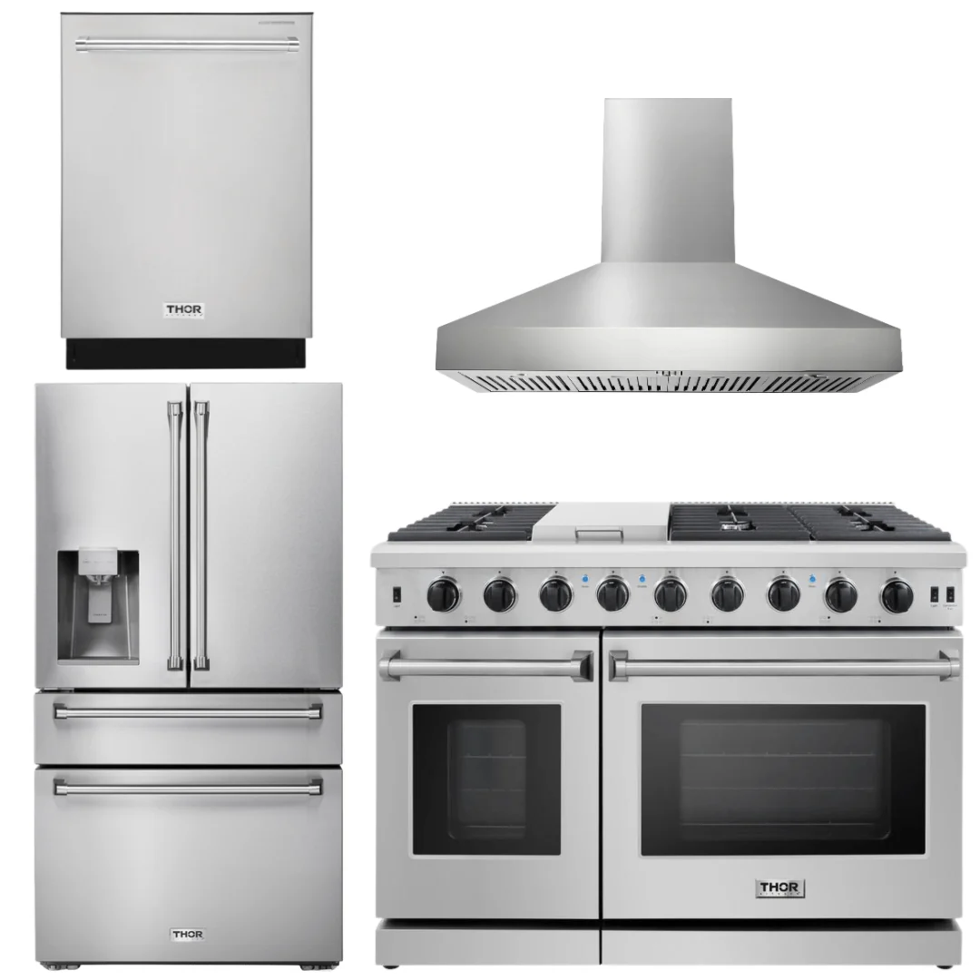 Thor Kitchen Bundle - 48 in. Gas Range, Range Hood, Dishwasher, Refrigerator with Water and Ice Dispenser, AB-LRG4807U-W-7 - Inhomebuy