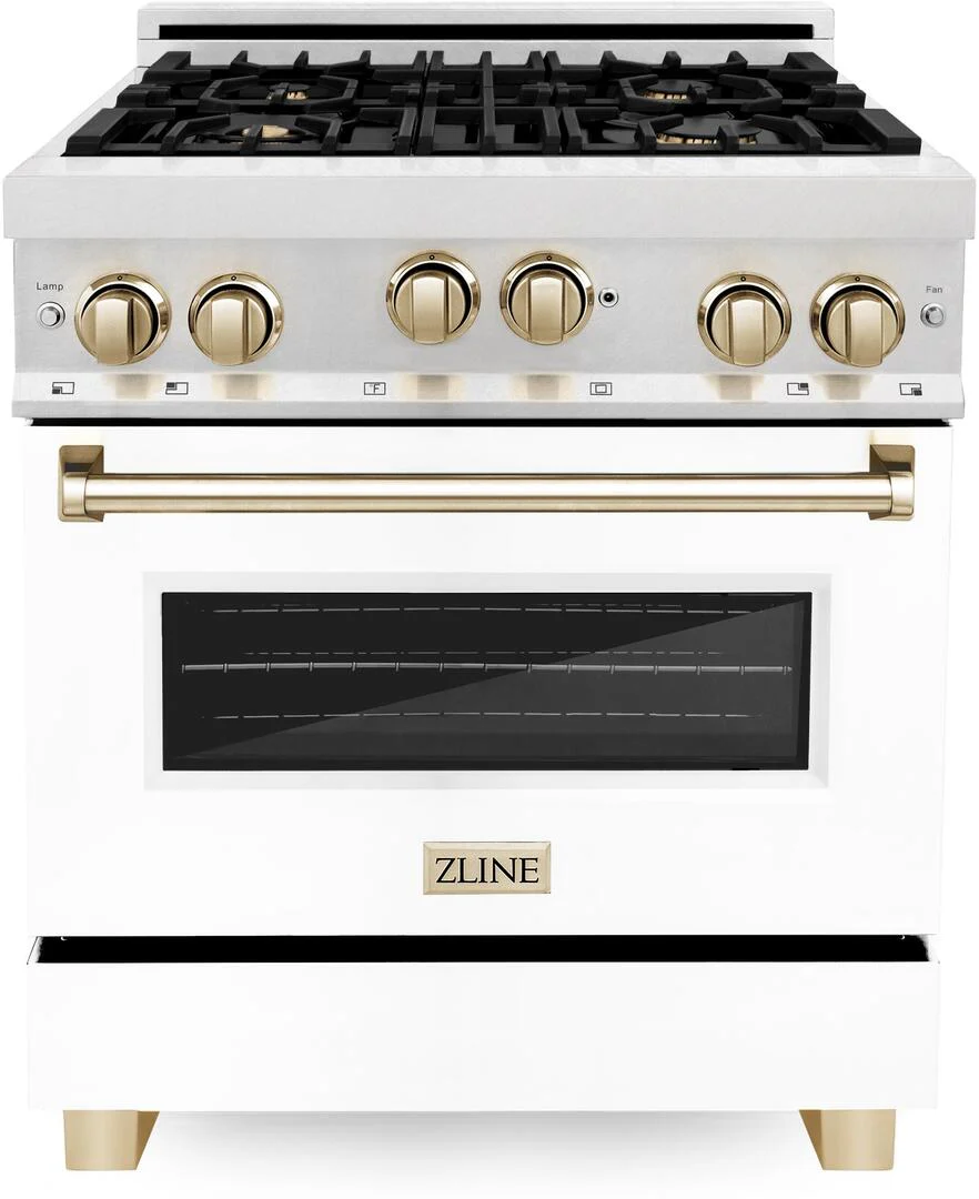 ZLINE 30 Inch Autograph Edition Gas Range in DuraSnow® Stainless Steel with White Matte Door and Champagne Bronze Accents, RGSZ-WM-30-CB - Inhomebuy