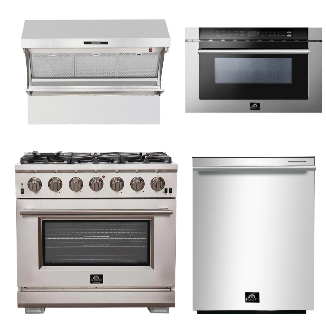 Forno Appliance Package - 36 Inch Pro Gas Range, Wall Mount Range Hood, Microwave Drawer, Dishwasher, AP-FFSGS6260-36-6 - Inhomebuy