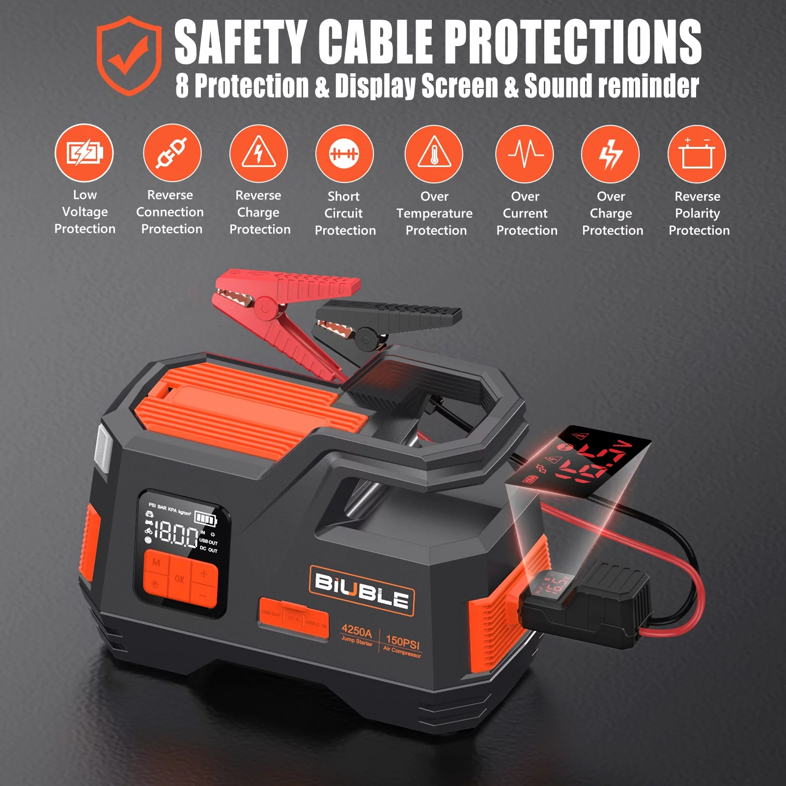 Biuble Car Jump Starter with Air Compressor, 4500A Peak 26800mAh 12V Auto with 150PSI Tire Inflator(up to All Gas or 10.0L Diesel Engine) - Inhomebuy