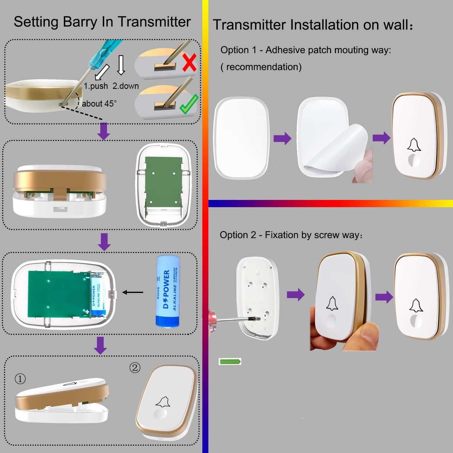 Wireless Doorbell, Door Bell Chime Kit with 60 Melodies, 4 Levels of Volumes and LED Flash, Easy Setup for Home and Office - Inhomebuy
