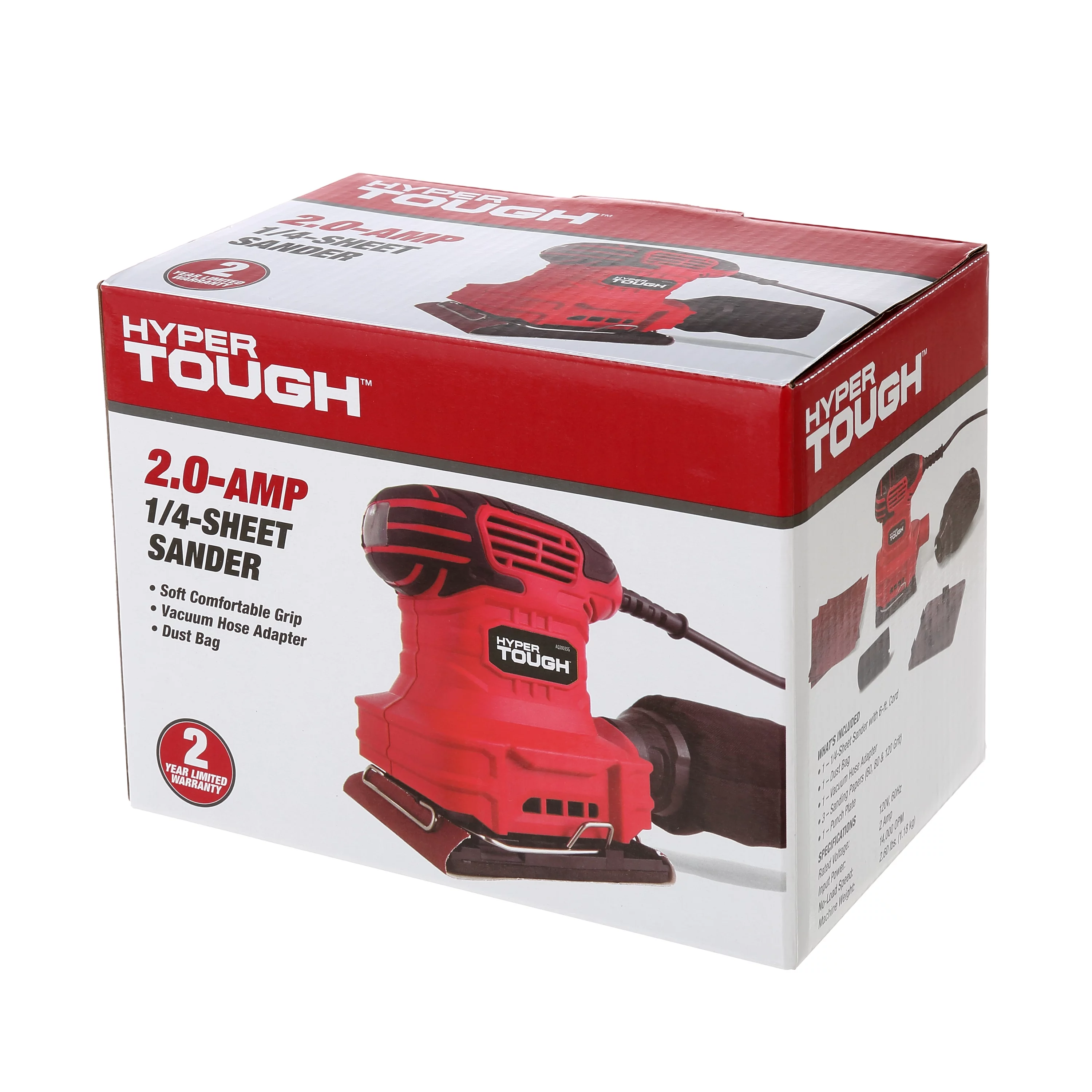 Hyper Tough 2 AMP Corded 1/4 Sheet Palm Sander with Dust Bag, Vacuum Hose Adapter, Punch Plate & 3 Sanding Sheets (60, 80 & 120 Grit) - Inhomebuy
