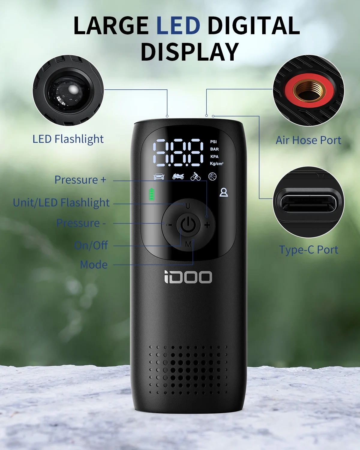 iDOO 150PSI Cordless Tire Inflator 4000mAh Portable Air Compressor Fits Car/Bicycle/Motorcycle Tires Balls - Inhomebuy