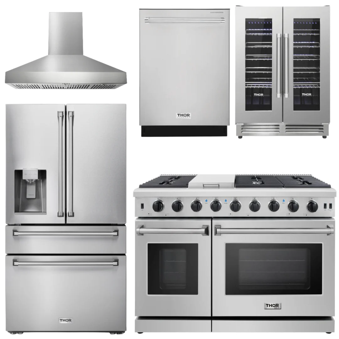 Thor Appliance Bundle - 48 In. Propane Gas Range, Range Hood, Refrigerator with Water and Ice Dispenser, Dishwasher, Wine Cooler, AB-LRG4807ULP-W-8 - Inhomebuy