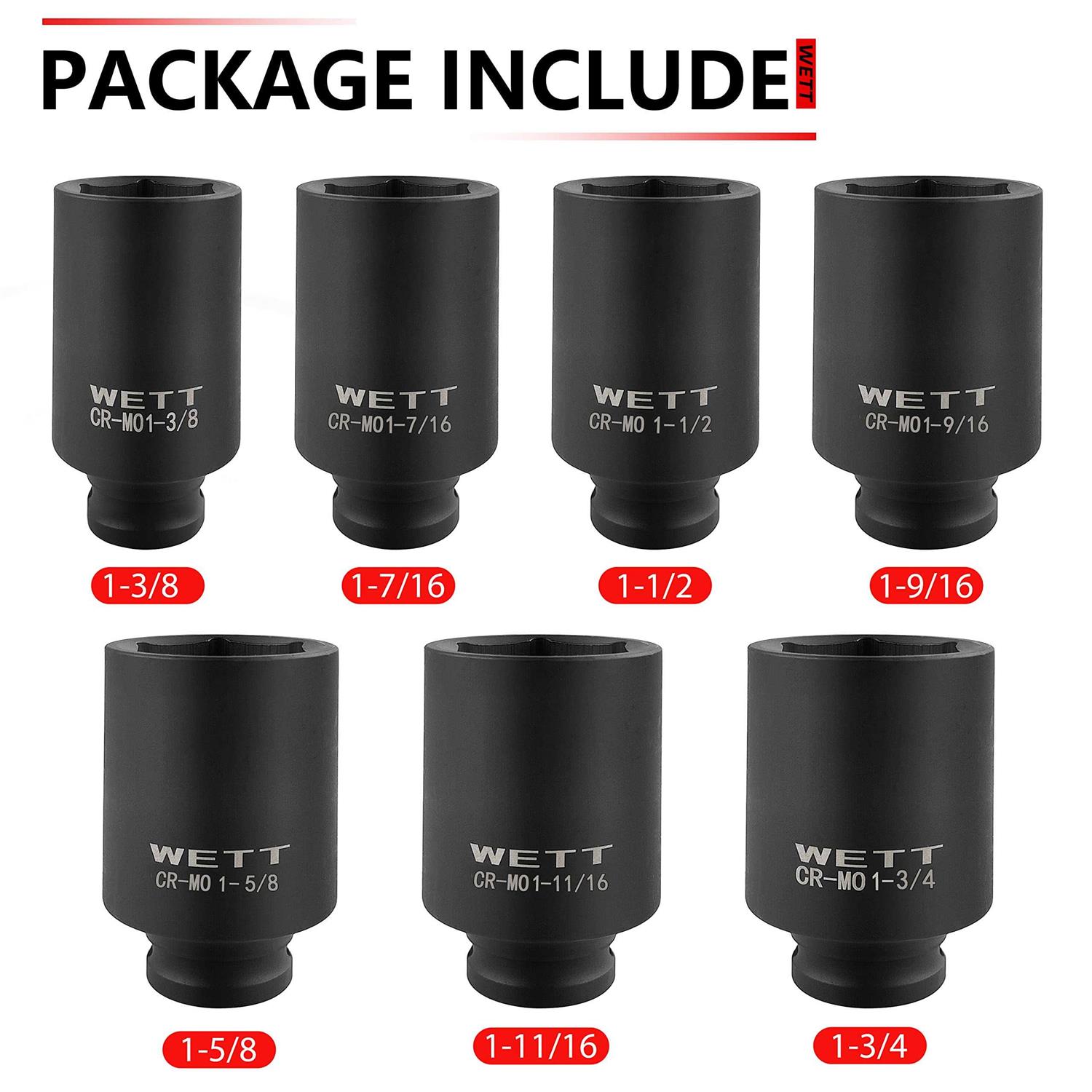 WETT 1/2 Drive Deep 6-Point Impact Socket Set/Spindle Axle Nut Impact Socket Set 9Pcs - Inhomebuy
