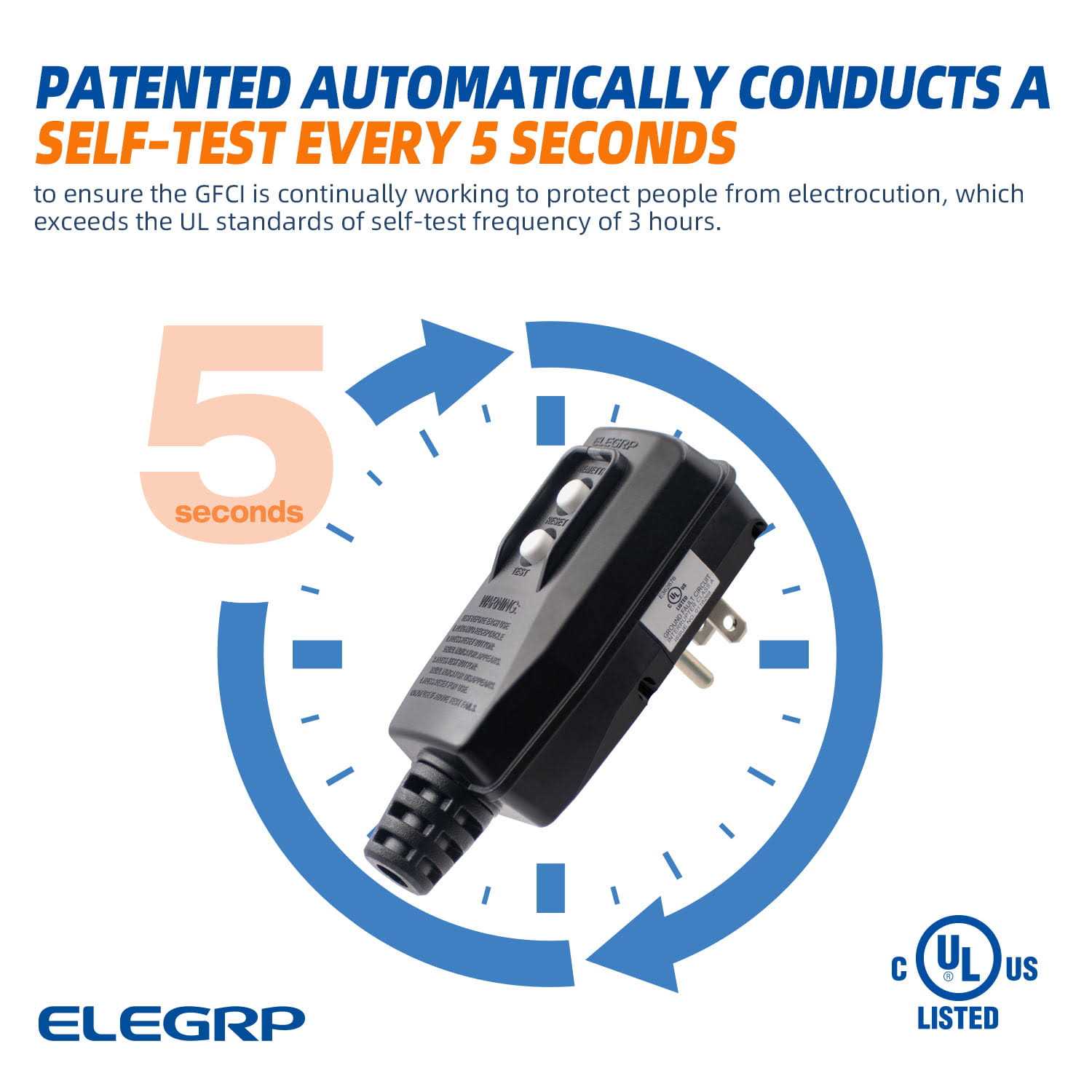 ELEGRP 4.67 in. 15 Amp Auto Reset 3 Prong Portable GFCI Replacement Right Angle Plug Assembly - Inhomebuy