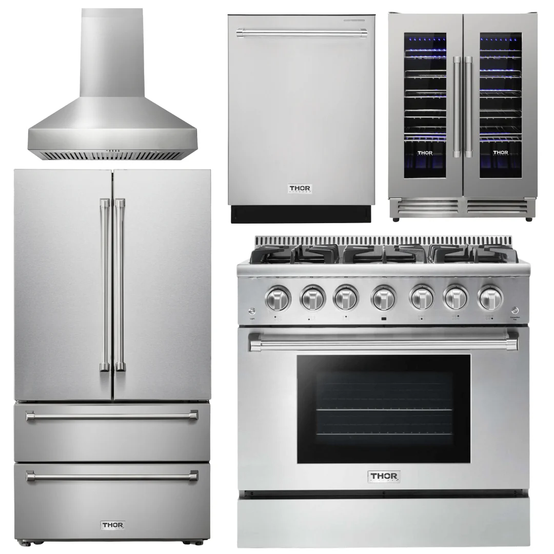 Thor Kitchen Package - 36 In. Propane Gas Burner/Electric Oven Range, Range Hood, Refrigerator, Dishwasher, Wine Cooler, AP-HRD3606ULP-W-12 - Inhomebuy