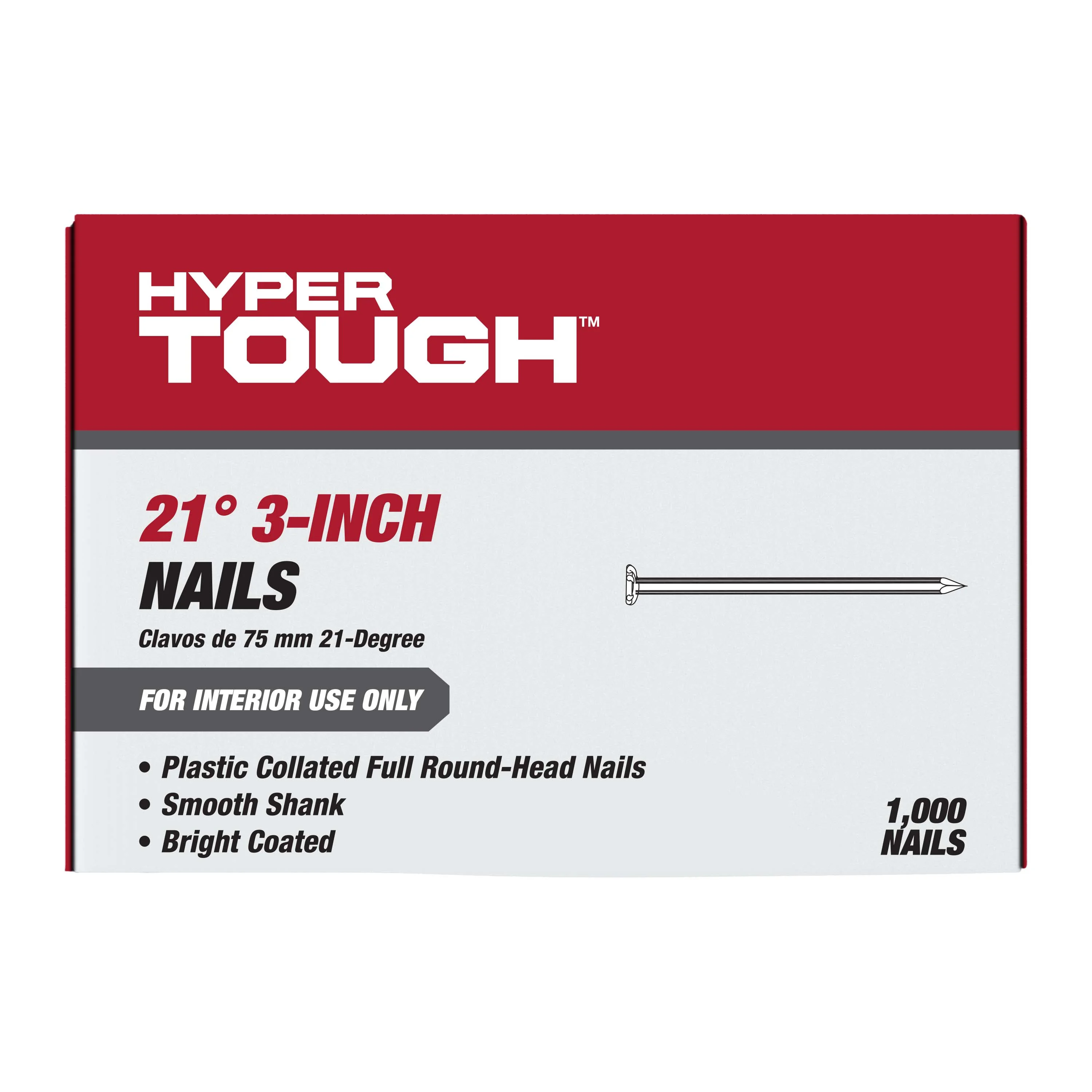 Hyper Tough 3 in. x 0.120 in. 21-Degree Brite Smooth Shank Plastic Collated Framing Nail (1000-Count) - Inhomebuy