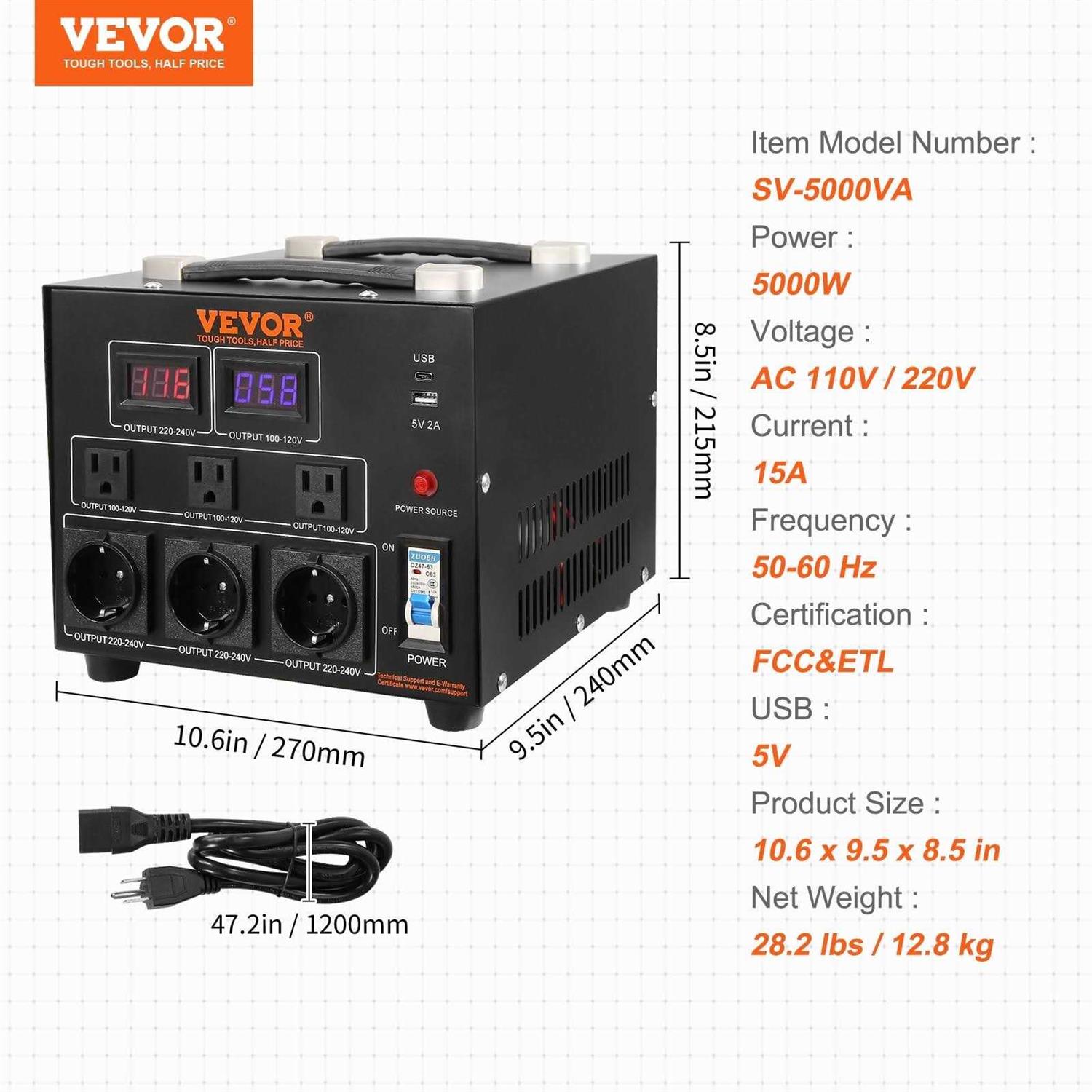 VEVOR Voltage Converter Transformer Heavy Duty Step Up/Down Transformer Convert from 110 Volt to 220 Volt and from 220 Volt to 110 Volt - Inhomebuy