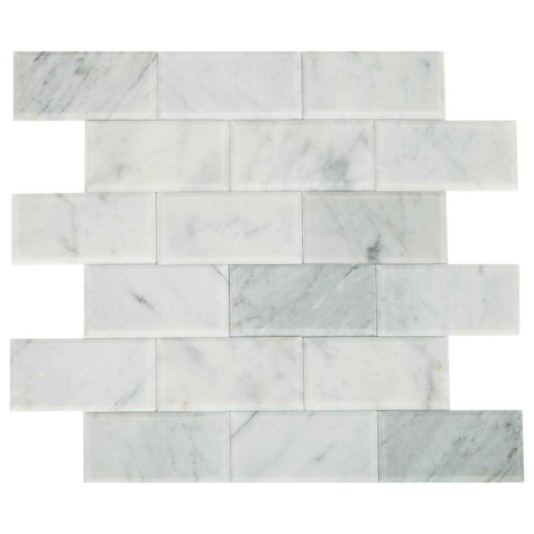 Daltile Xpress Mosaix Peel ‘N Stick White Beveled 14 in. x 12 in. Marble Brick Joint Mosaic Tile - Inhomebuy