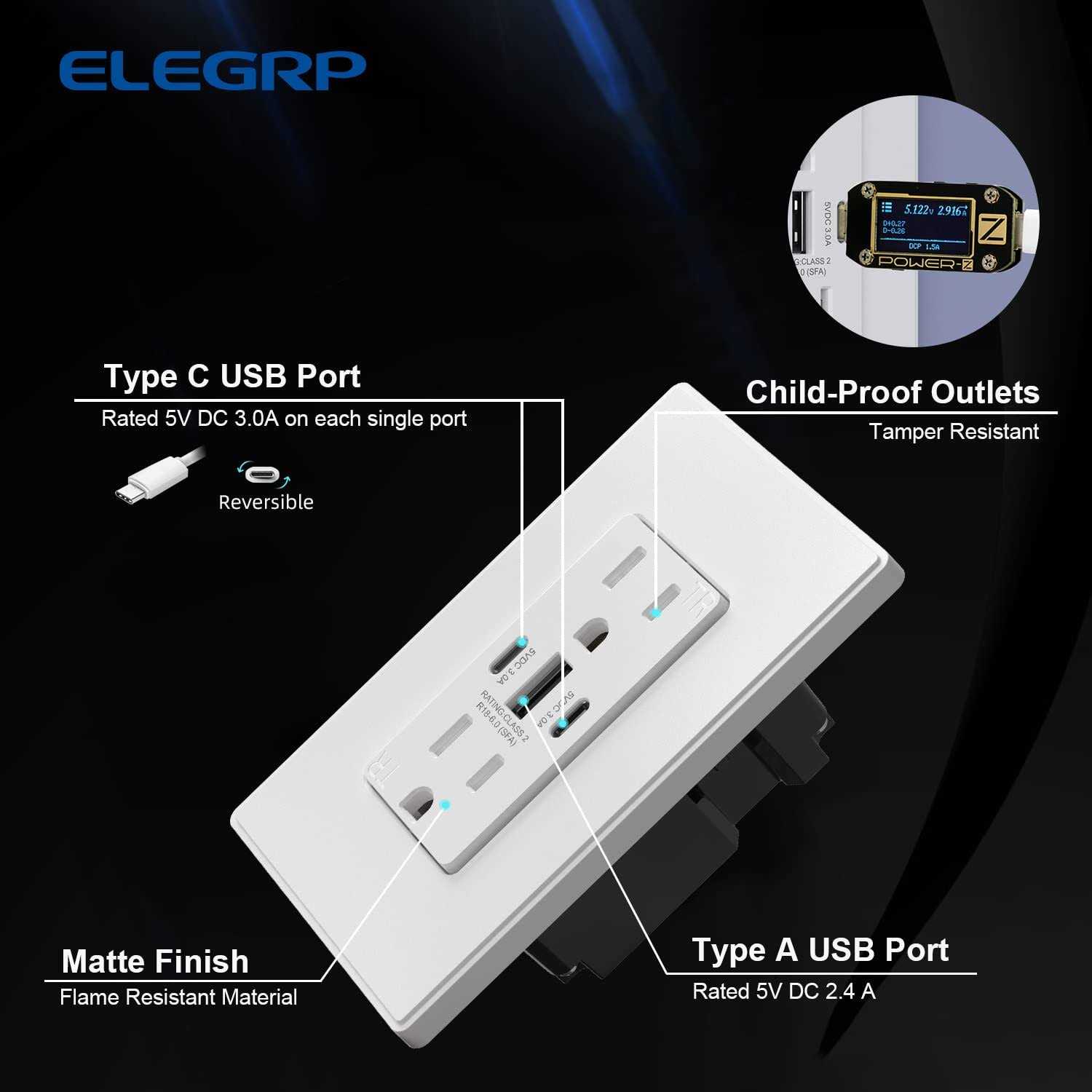 Elegrp 30W 6.0 Amp 3-Port USB Wall Outlet 15 Amp Receptacle USB Type C - Inhomebuy