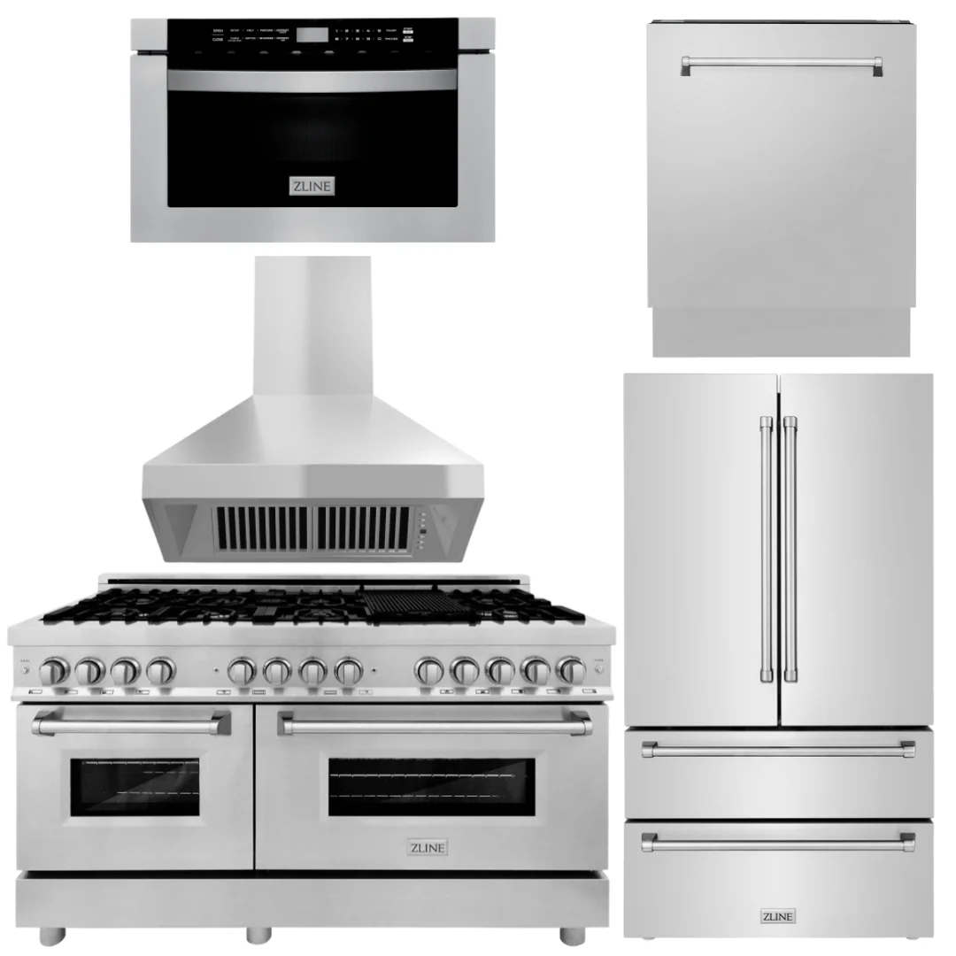 ZLINE 5-Piece Appliance Bundle - 60 In. Range, Range Hood, Refrigerator, Microwave and Dishwasher in Stainless Steel, Bundle-5KPR-RARH60-MWDWV - Inhomebuy
