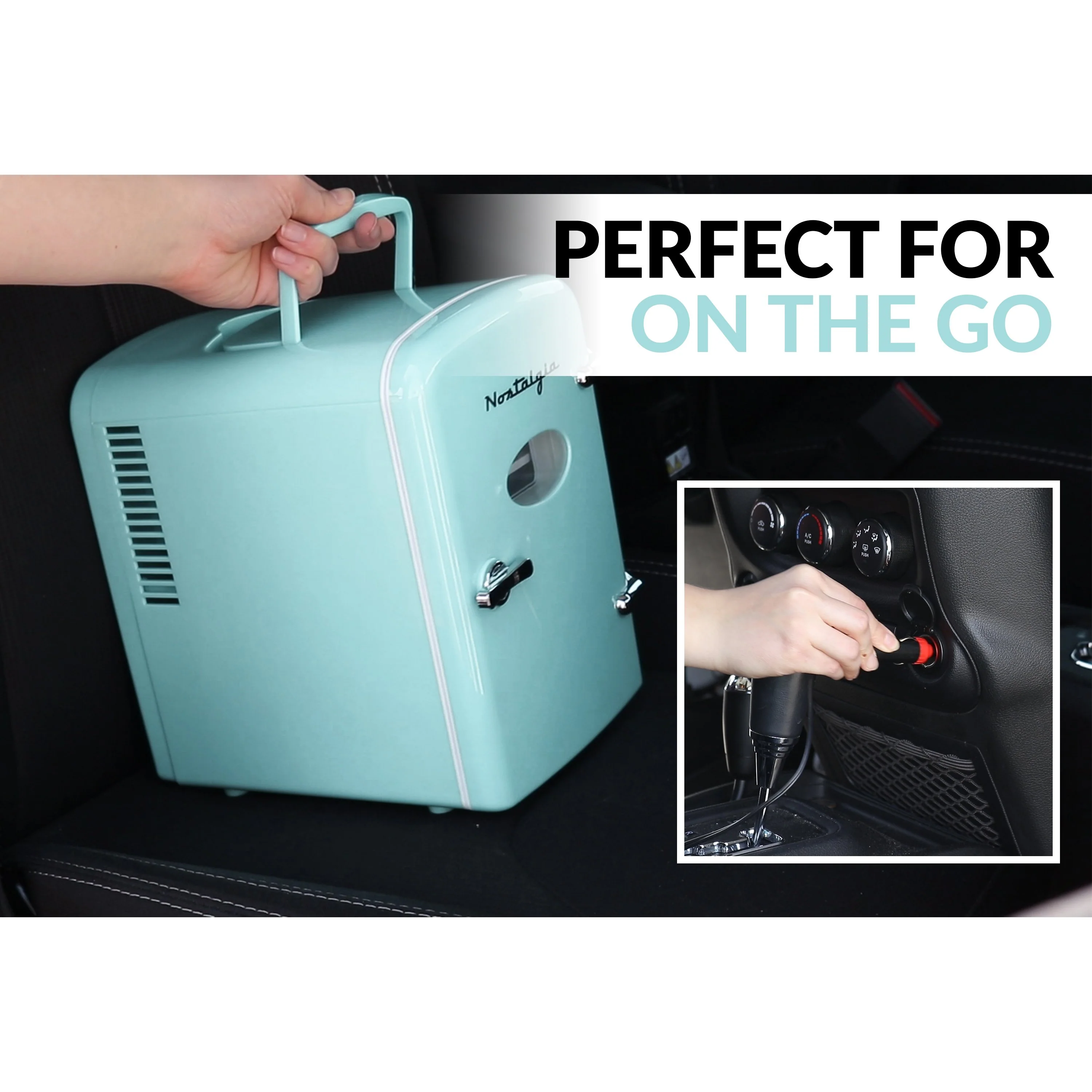 Retro 6-Can Personal Cooling and Heating Refrigerator with Display Window & Carry Handle, Aqua - Inhomebuy