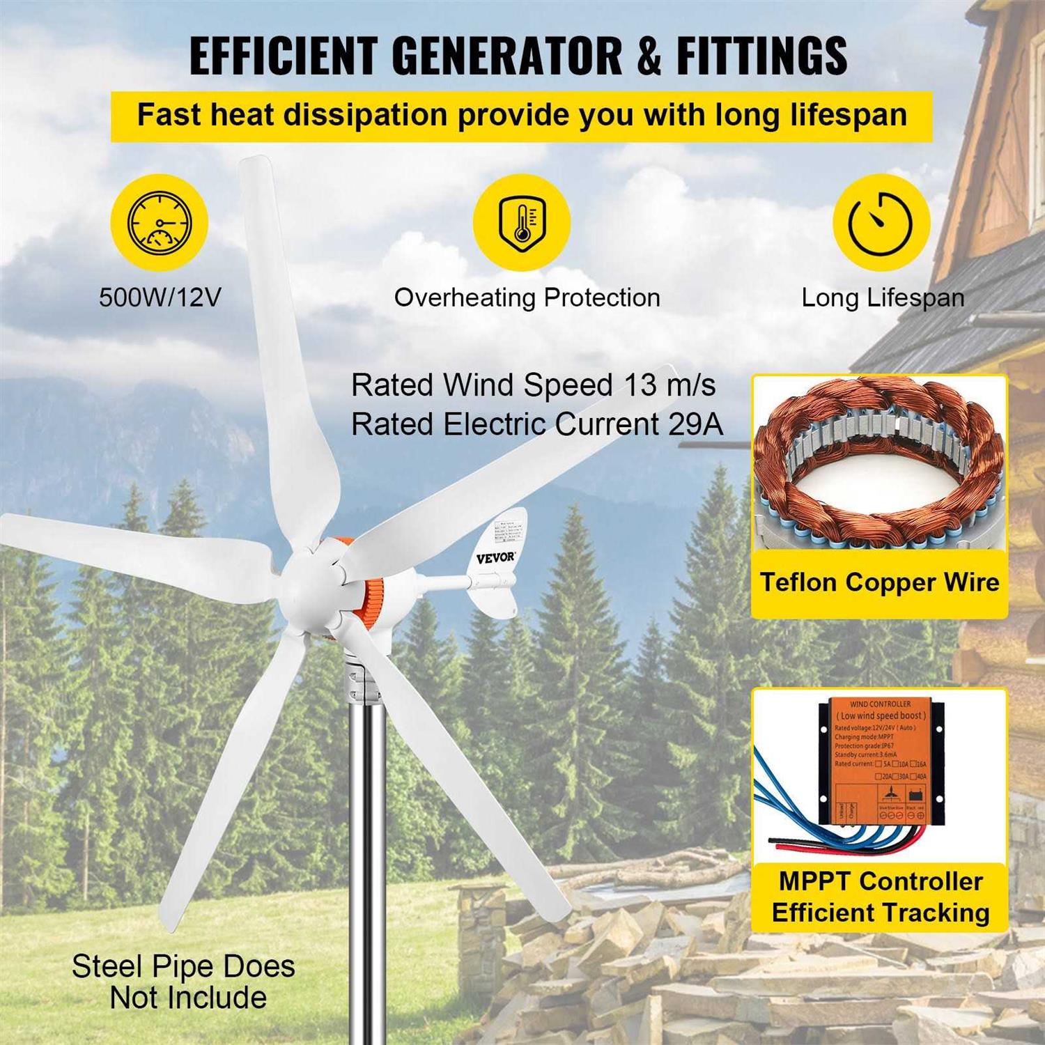 VEVOR Wind Turbine Generator 400-Watt 12-Volt/AC Wind Turbine Kit 3 Blades Wind Power Generator Controller - Inhomebuy