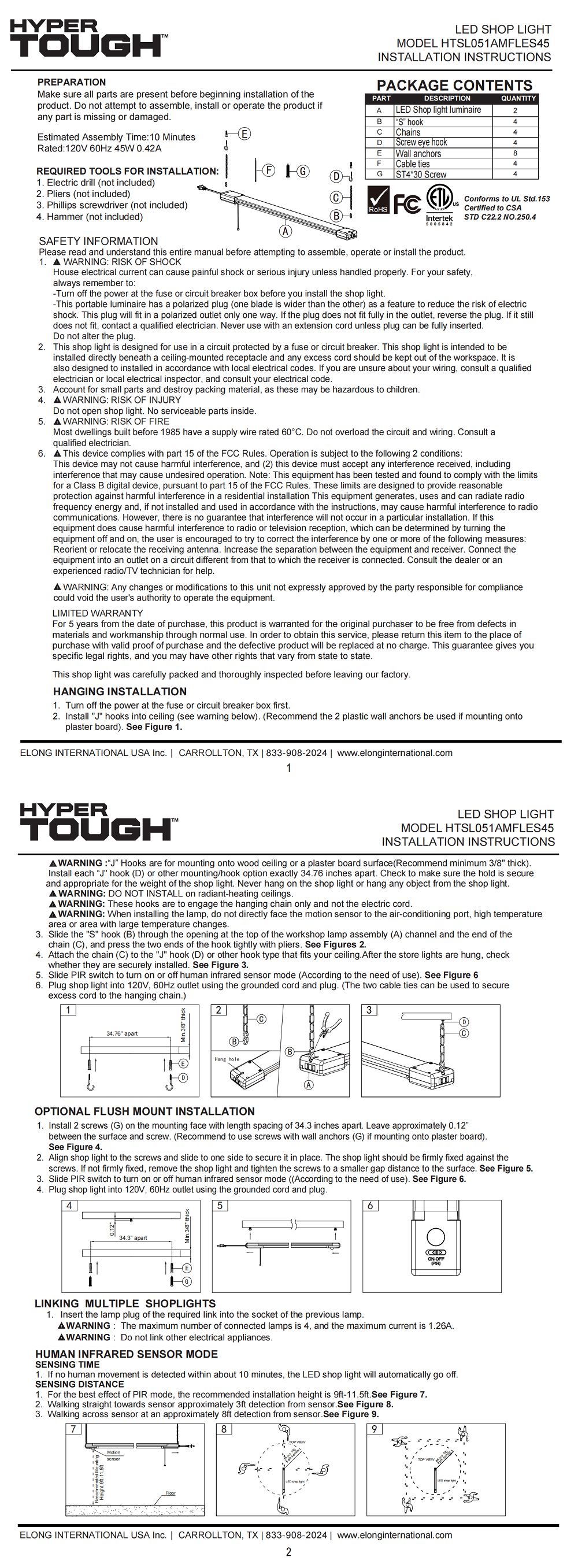 Hyper Tough 3-FT 4500-Lumen Integrated LED Shop Light, Slim Design, Linkable and Motion Sensor, 1PK - Inhomebuy