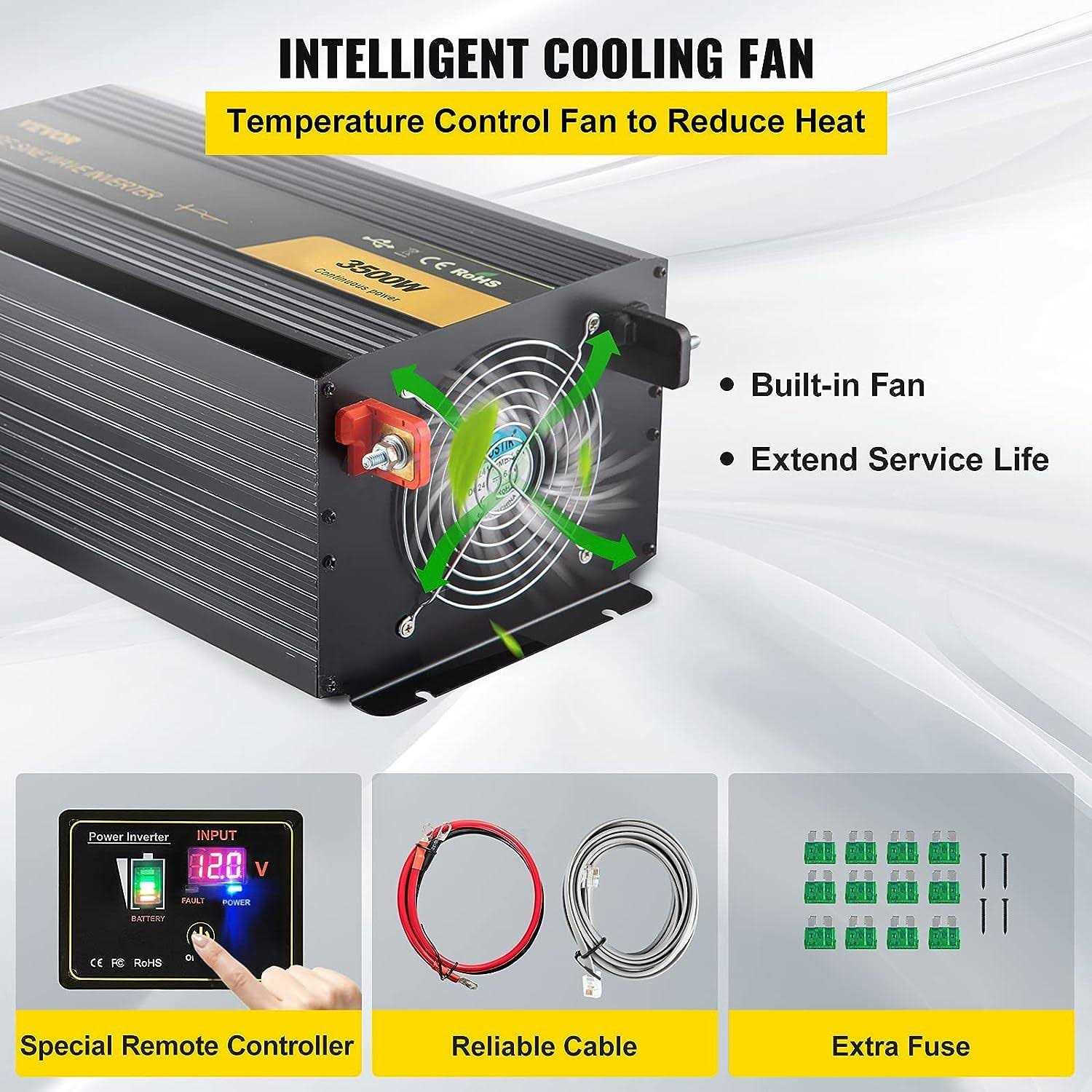 VEVOR Pure Sine Wave Inverter 3500 Watt Power Inverter, DC 12V to AC 120V Car Inverter, with USB Port LCD Display Remote Controller and AC Outlets - Inhomebuy