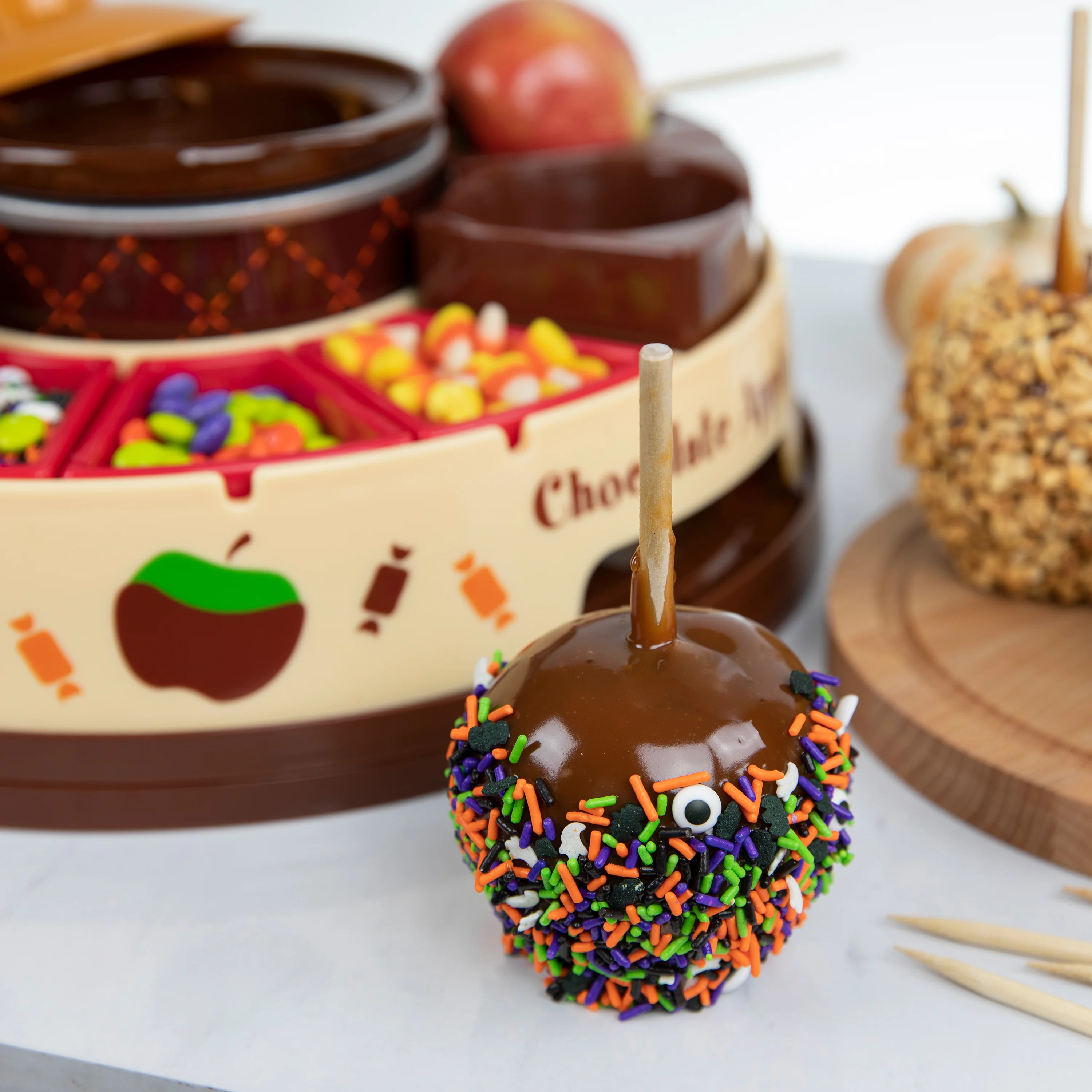 Lazy Susan Chocolate & Caramel Apple Party with Heated Fondue Pot, 25 Sticks, Decorating and Toppings Trays - Inhomebuy