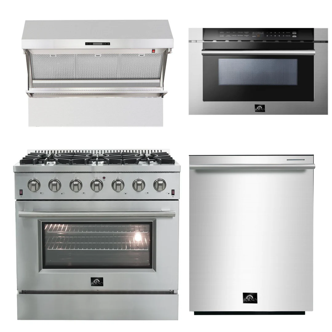 Forno Appliance Package - 36 Inch Gas Range, Wall Mount Range Hood, Microwave Drawer, Dishwasher, AP-FFSGS6244-36-6 - Inhomebuy