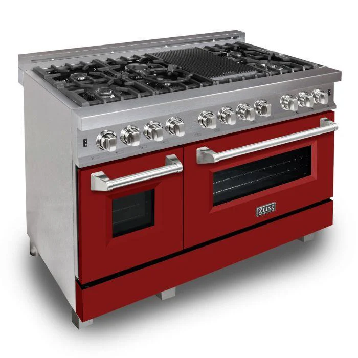 ZLINE 48 in. Professional Gas Burner/Electric Oven DuraSnow® Stainless 6.0 cu.ft. 7 Range with Red Matte Door, RAS-RM-48 - Inhomebuy