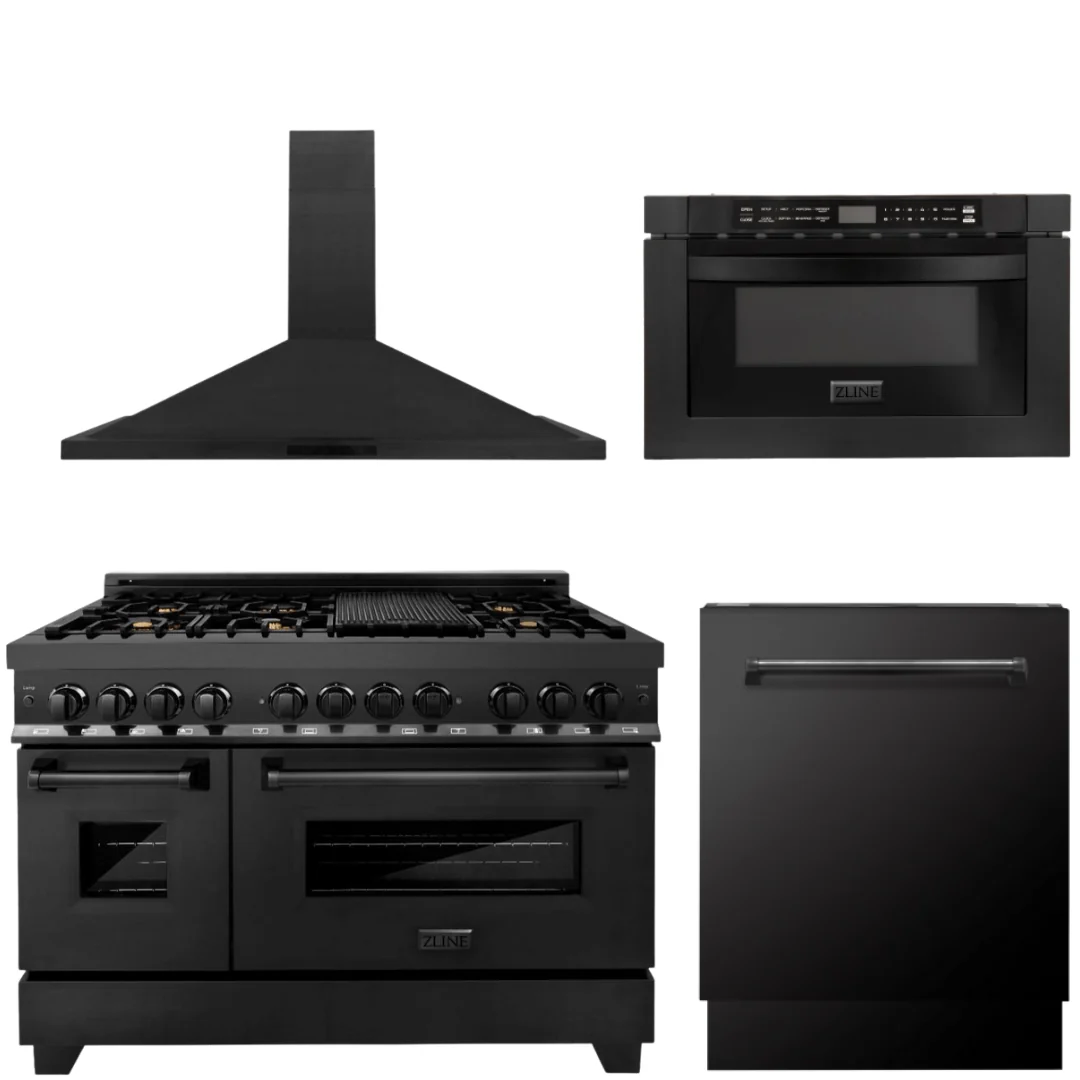 ZLINE Appliance Package - 48 In. Dual Fuel Range, Range Hood, Microwave and Dishwasher in Black Stainless Steel, 4KP-RABRH48-MWDWV - Inhomebuy