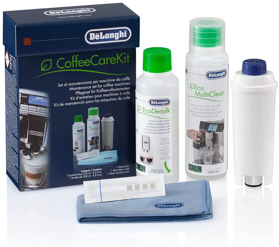 DeLonghi: DLSC306 Coffee Care Kit: includes 1 Water Filter, 1 EcoDecalk 200ml (2 doses), 1 Multiclean 250ml, Microfiber Cleaning Cloth & 1 Water Hardness Testing Kit - Inhomebuy
