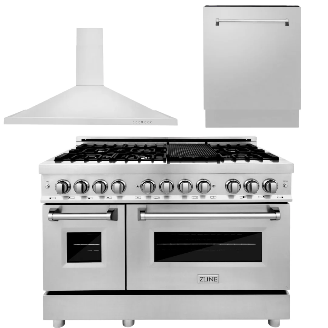 ZLINE Appliance Package - 48 In. Dual Fuel Range, Range Hood, 3 Rack Dishwasher, 3KP-RARH48-DWV - Inhomebuy