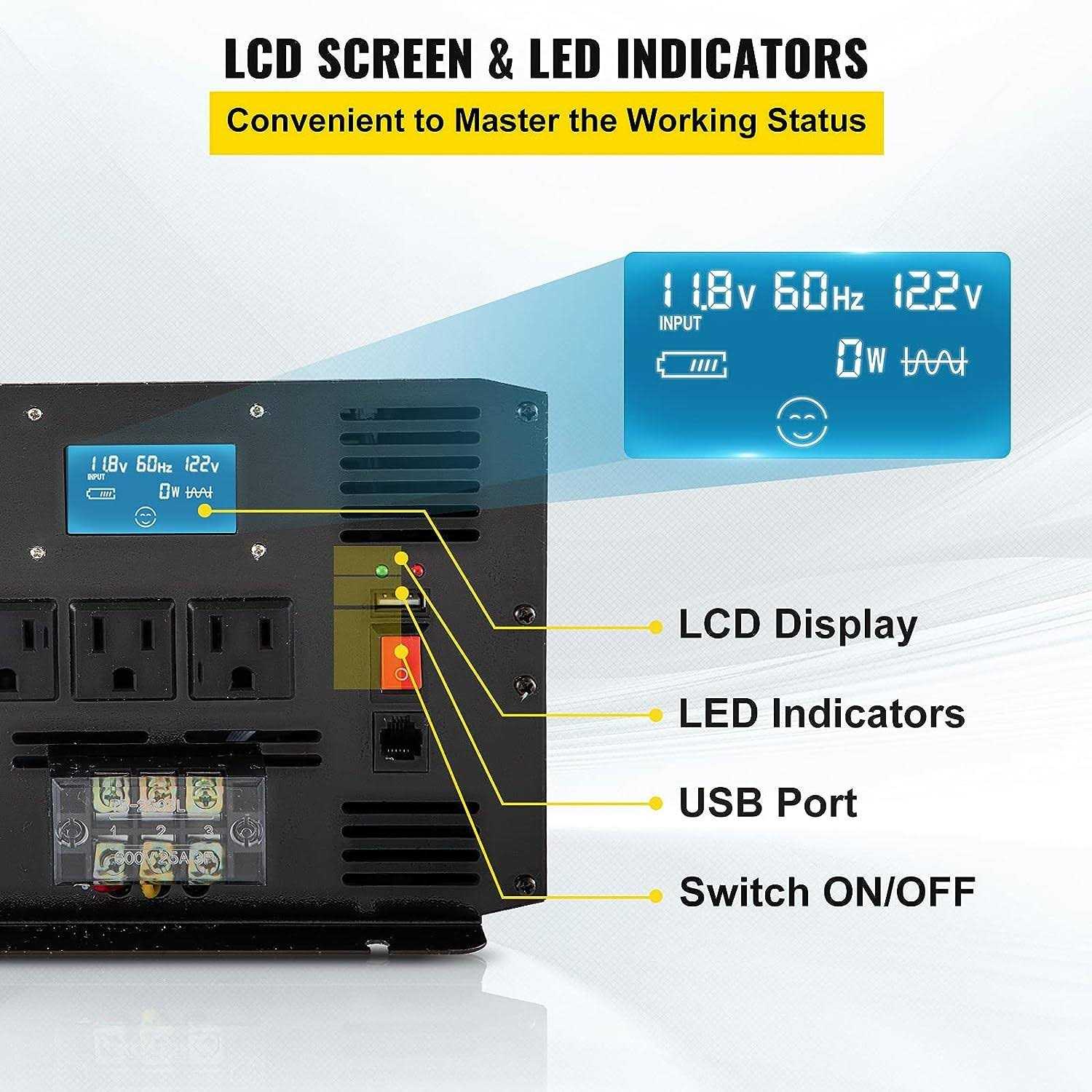 VEVOR Pure Sine Wave Inverter 3500 Watt Power Inverter, DC 12V to AC 120V Car Inverter, with USB Port LCD Display Remote Controller and AC Outlets - Inhomebuy