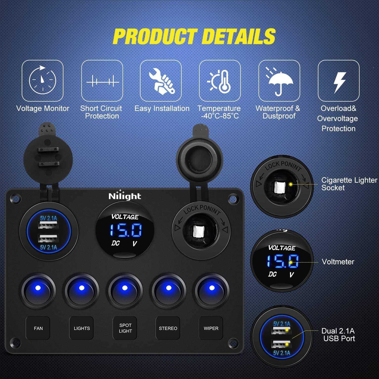 Nilight 6 Pack Rocker Switches with Night Glow Stickers 5 Pin SPST Rocker Switches - Inhomebuy
