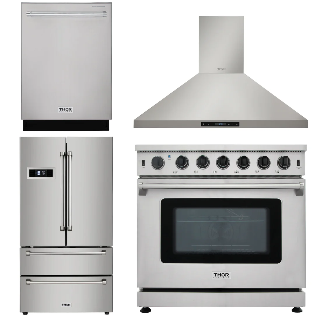 Thor Kitchen Appliance Bundle - 36 in. Gas Range, Range Hood, Refrigerator, Dishwasher, AB-LRG3601U-3 - Inhomebuy