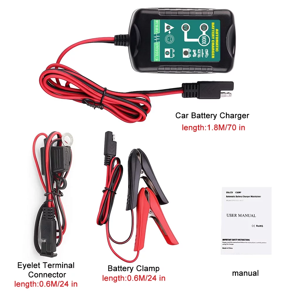 Automatic Battery Charger Maintainer Motorcycle Trickle Float Charger 6V 12V 1.5Amp for Motorcycles, Cars and ATVs - Inhomebuy
