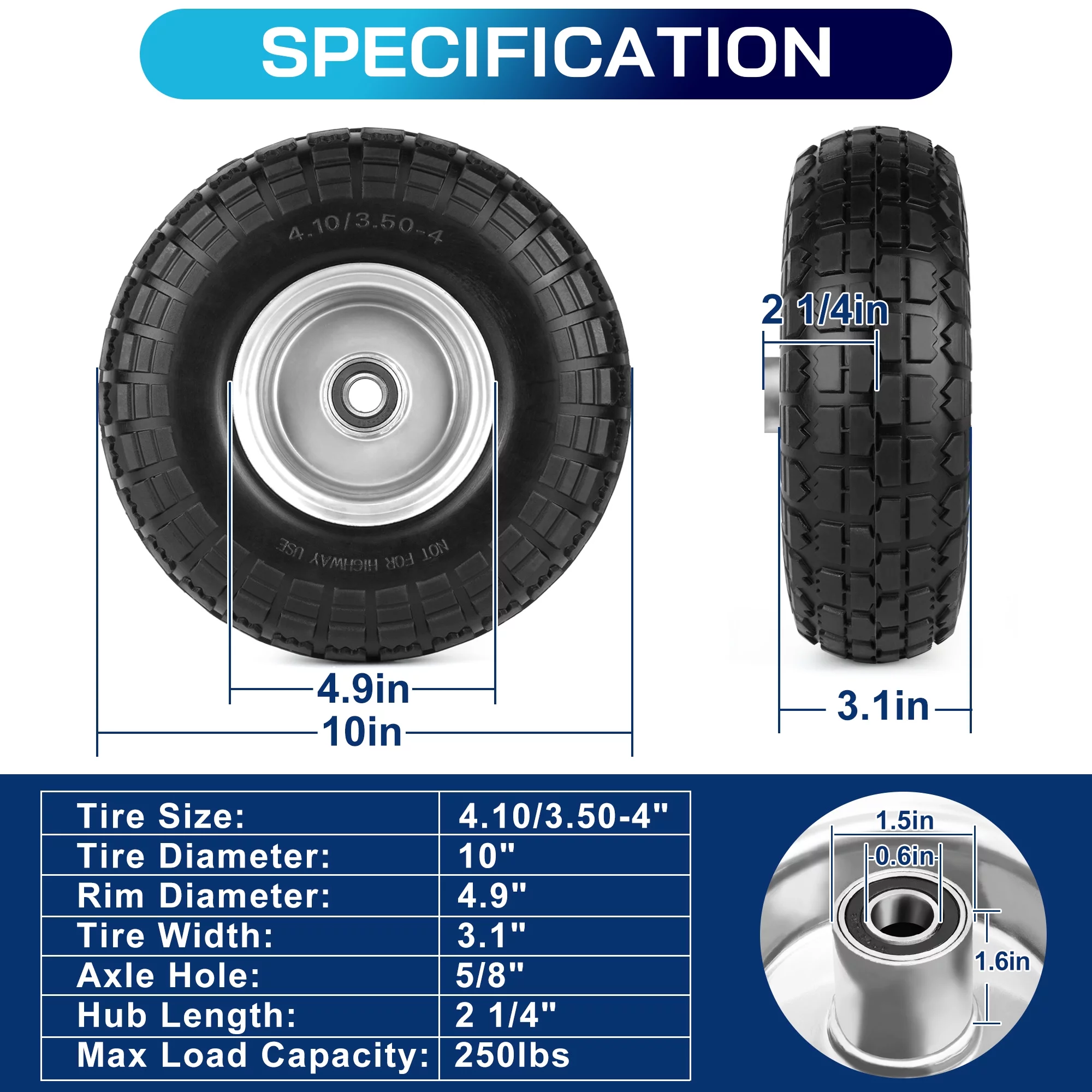 LotFancy 4.10/3.50-4in Tire and Wheel Flat Free, 2 Pack 10 in Solid Tires for Dolly Hand Truck Utility Carts - Inhomebuy