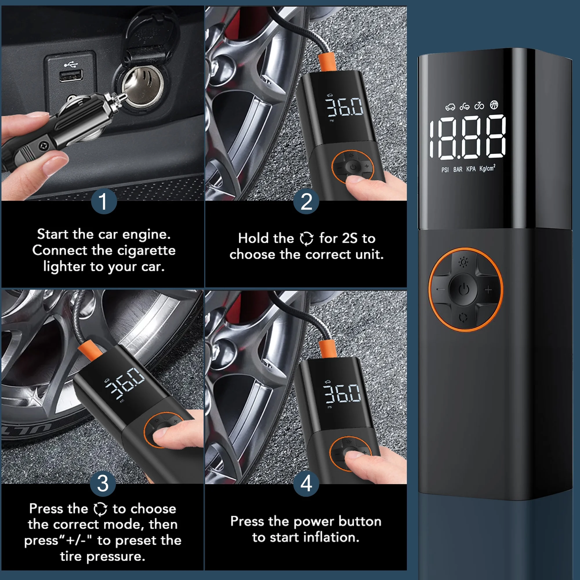 AOMBOO Tire Inflator Portable Air Compressor, Cordless 150PSI Car Air Pump with Digital Dual Screen, Small Car Tire Inflator with LED for Car, Bike, Ball - Inhomebuy