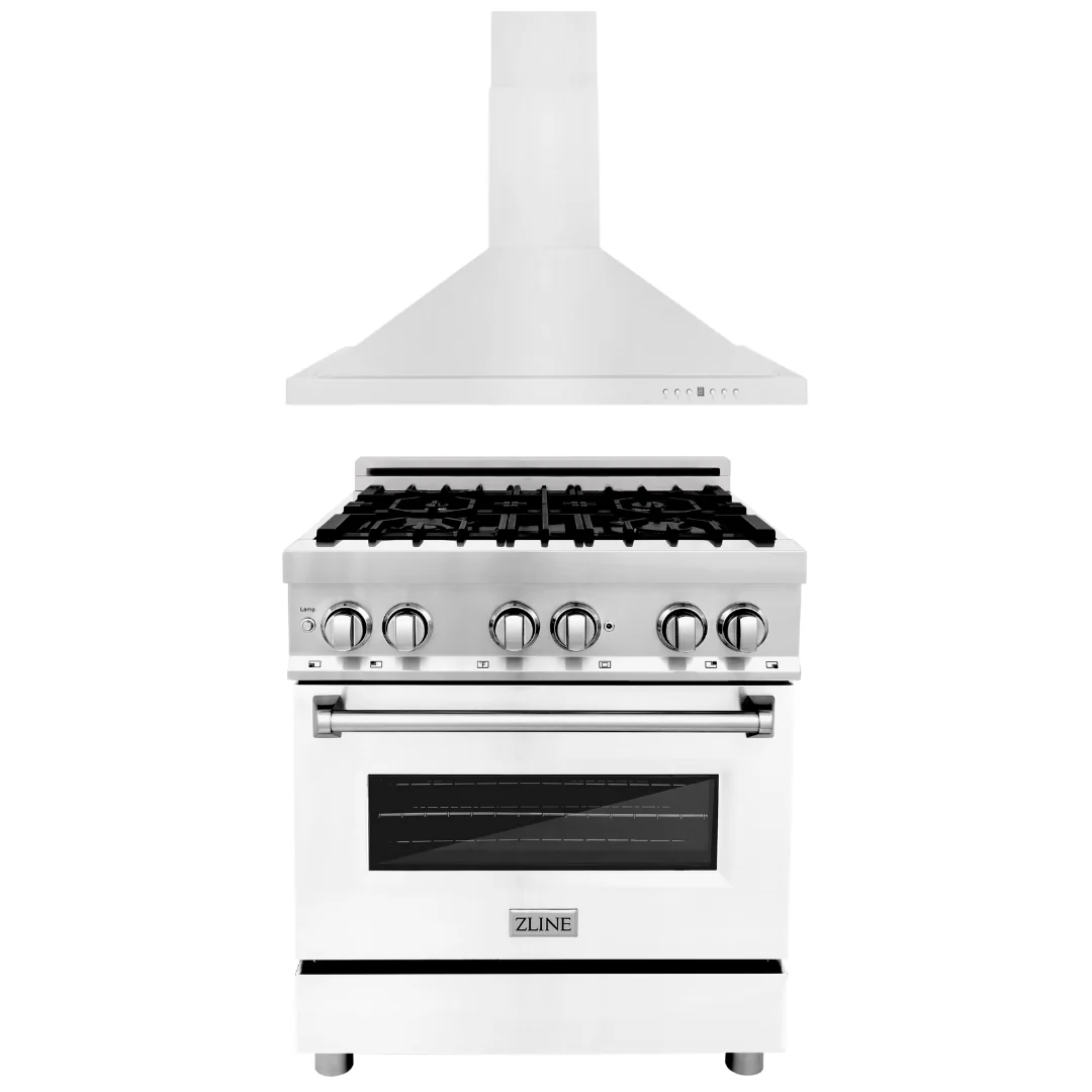 ZLINE Kitchen and Bath 30 in. Dual Fuel Range with White Matte Door & 30 in. Range Hood Appliance Package, 2KP-RAWMRH30 - Inhomebuy