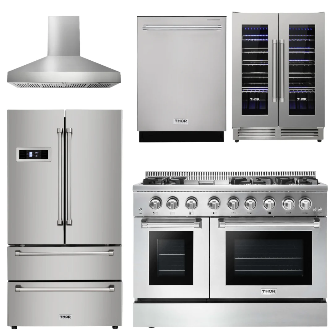Thor Kitchen Package - 48 Inch Dual Fuel Range, Range Hood, Refrigerator, Dishwasher, Wine Cooler, AP-HRD4803U-W-3 - Inhomebuy