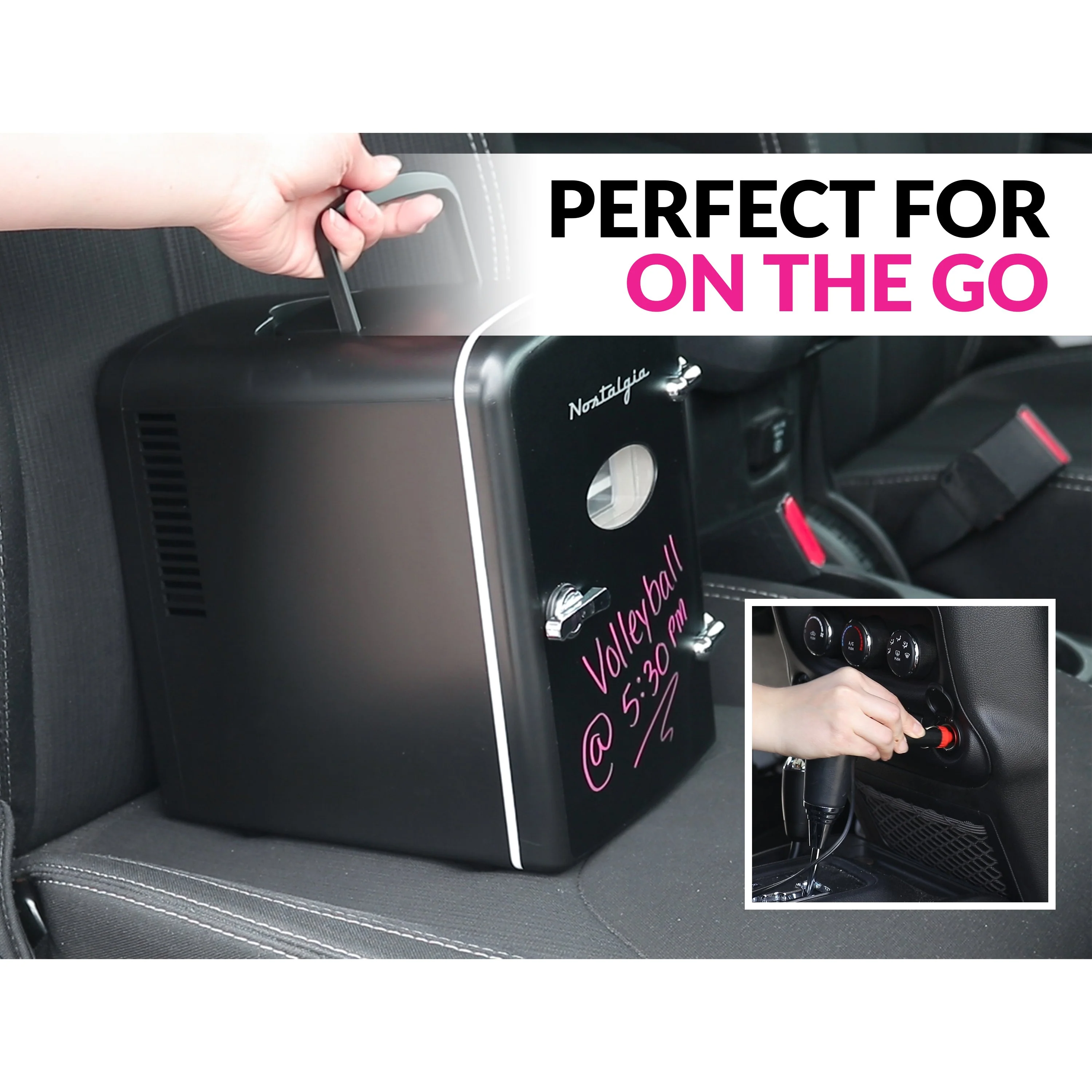 Retro 6-Can Personal Cooling and Heating Refrigerator with Display Window, Dry Erase Door and Carry Handle, Black - Inhomebuy