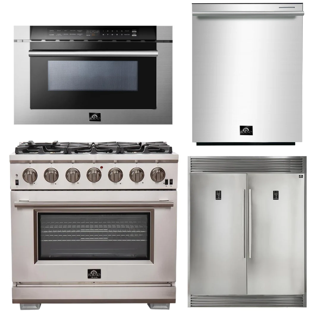 Forno Appliance Package - 36 Inch Pro Gas Range, Refrigerator, Microwave Drawer, Dishwasher, AP-FFSGS6260-36-7 - Inhomebuy