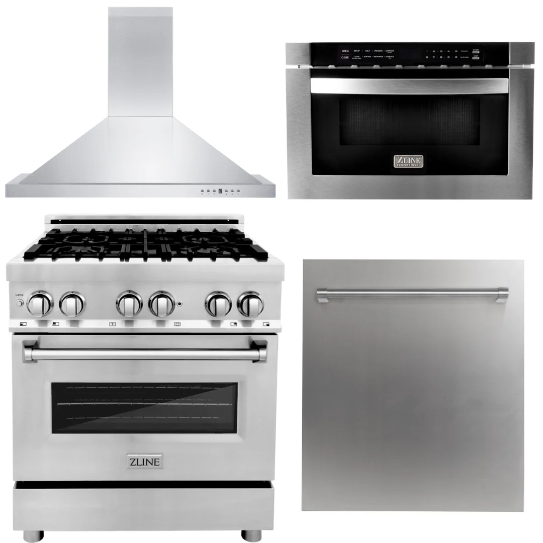 ZLINE Kitchen and Bath Appliance Package 4 Piece Bundle - 30 in. Dual Fuel Range, 30 in. Range Hood, Microwave Drawer & Dishwasher, AB-RA30-3 - Inhomebuy