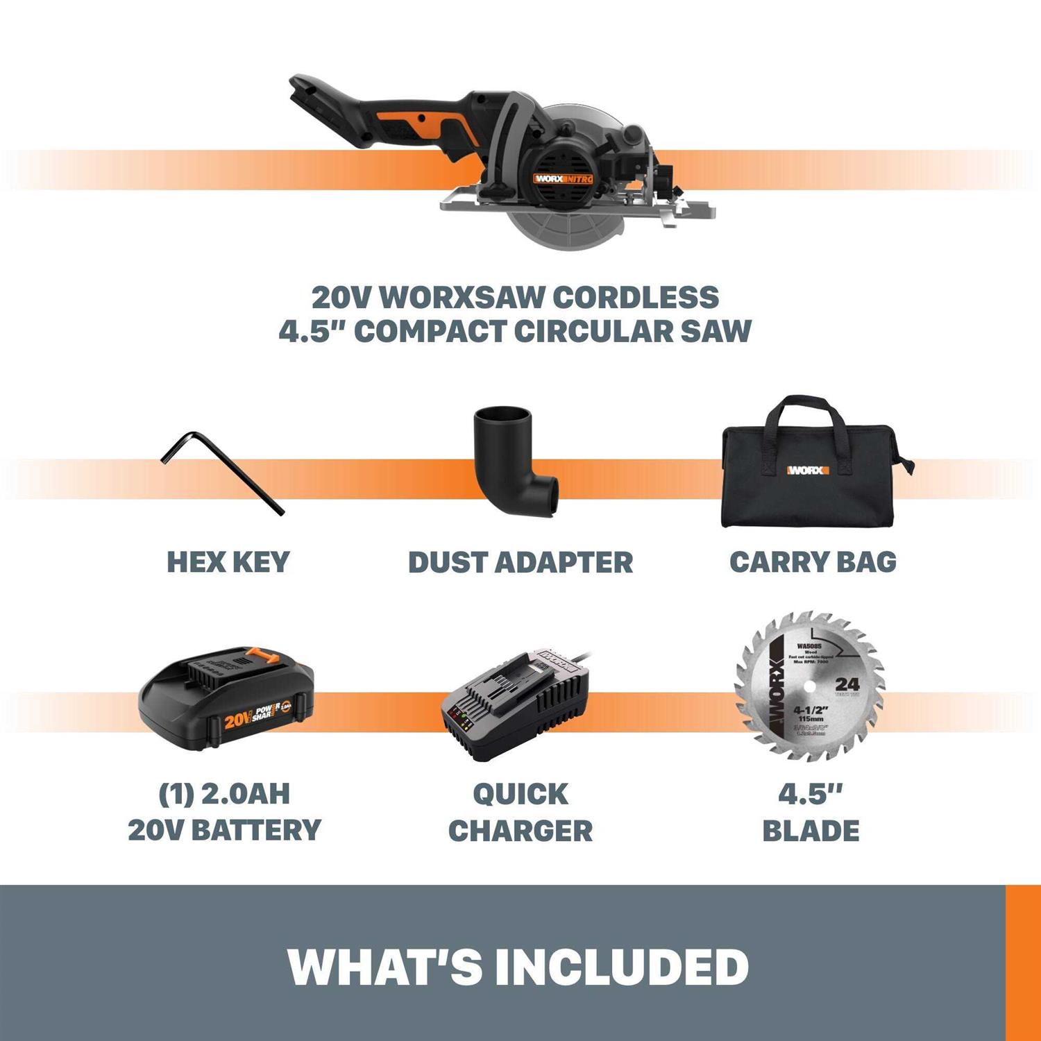 Worx WX531L 20V Worxsaw 4.5 Cordless Compact Circular Saw - Inhomebuy