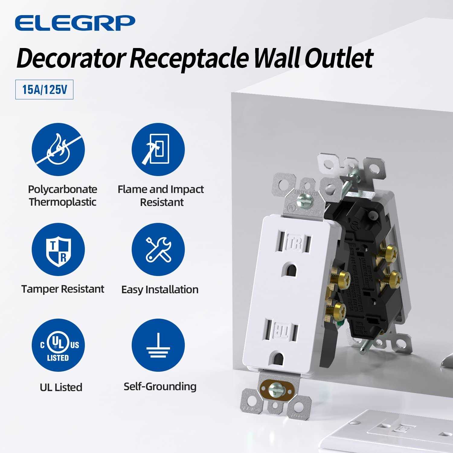 ELEGRP Decorator 15 Amp 125-Volt Residential Grade Self Grounding Duplex Outlet ESR003A-0110SWP - Inhomebuy