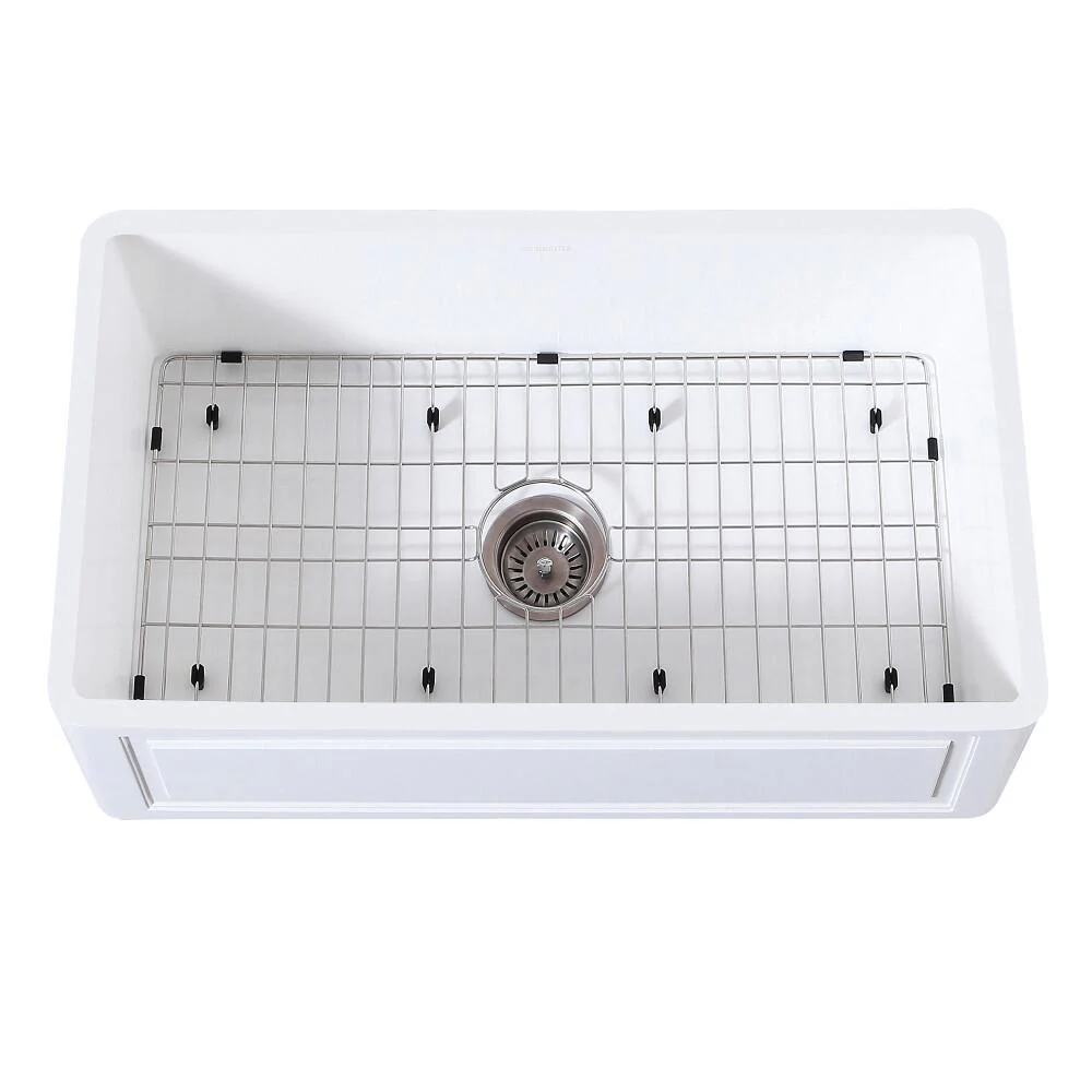 Kingston Brass 33 In Farmhouse Kitchen Sink With Strainer And Grid, Matte White, KGKFA331810LD - Inhomebuy