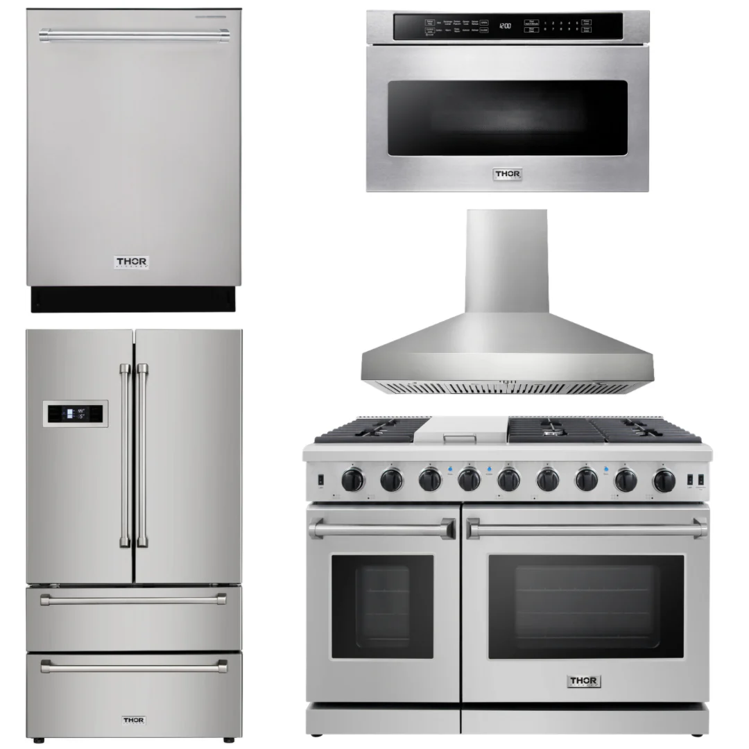 Thor Kitchen Bundle - 48 in. Gas Range, Range Hood, Dishwasher, Refrigerator, Microwave Drawer, AB-LRG4807U-W-5 - Inhomebuy
