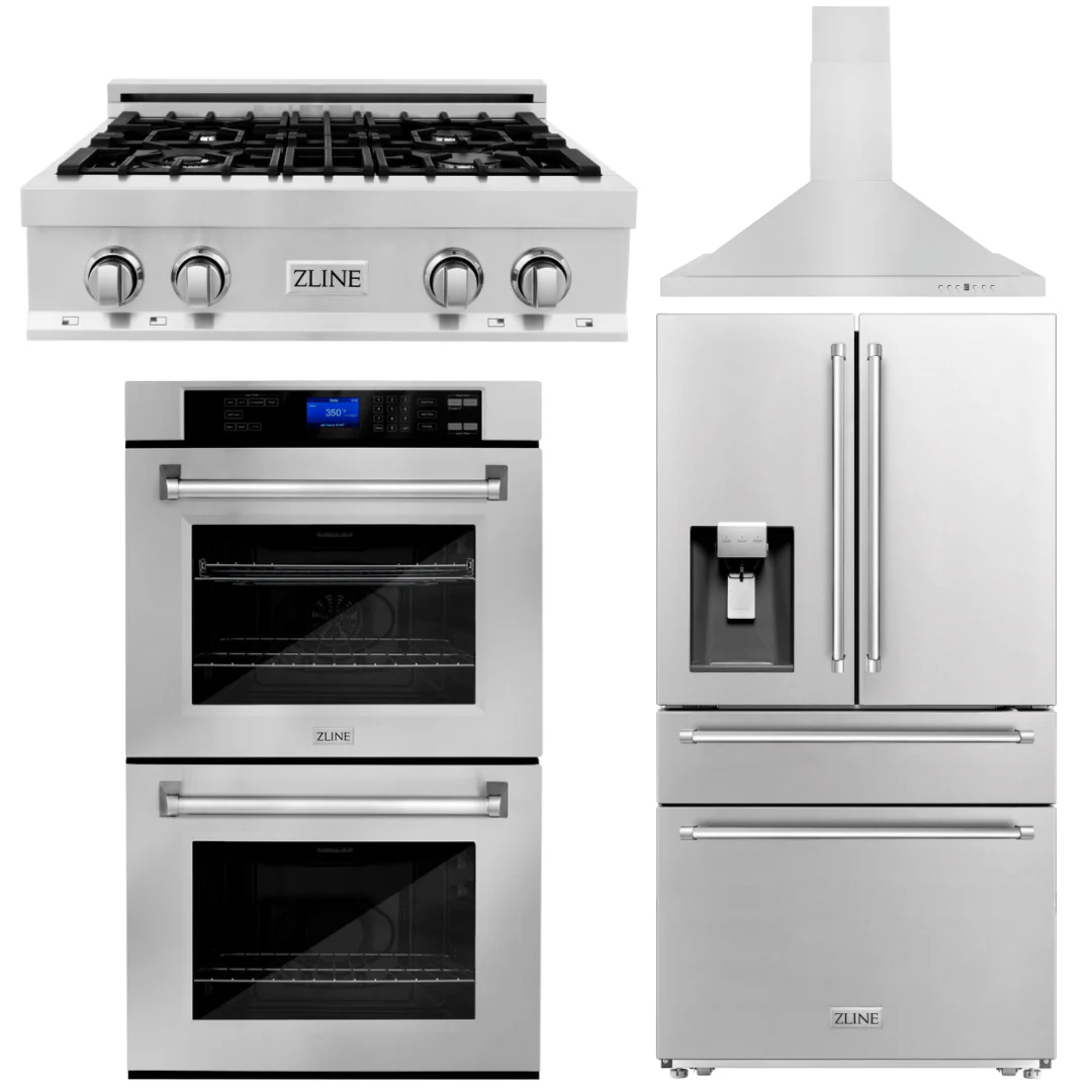 ZLINE Appliance Package - 30 In. Rangetop, Range Hood, Refrigerator with Water and Ice Dispenser and Wall Oven, 4KPRW-RTRH30-AWD - Inhomebuy
