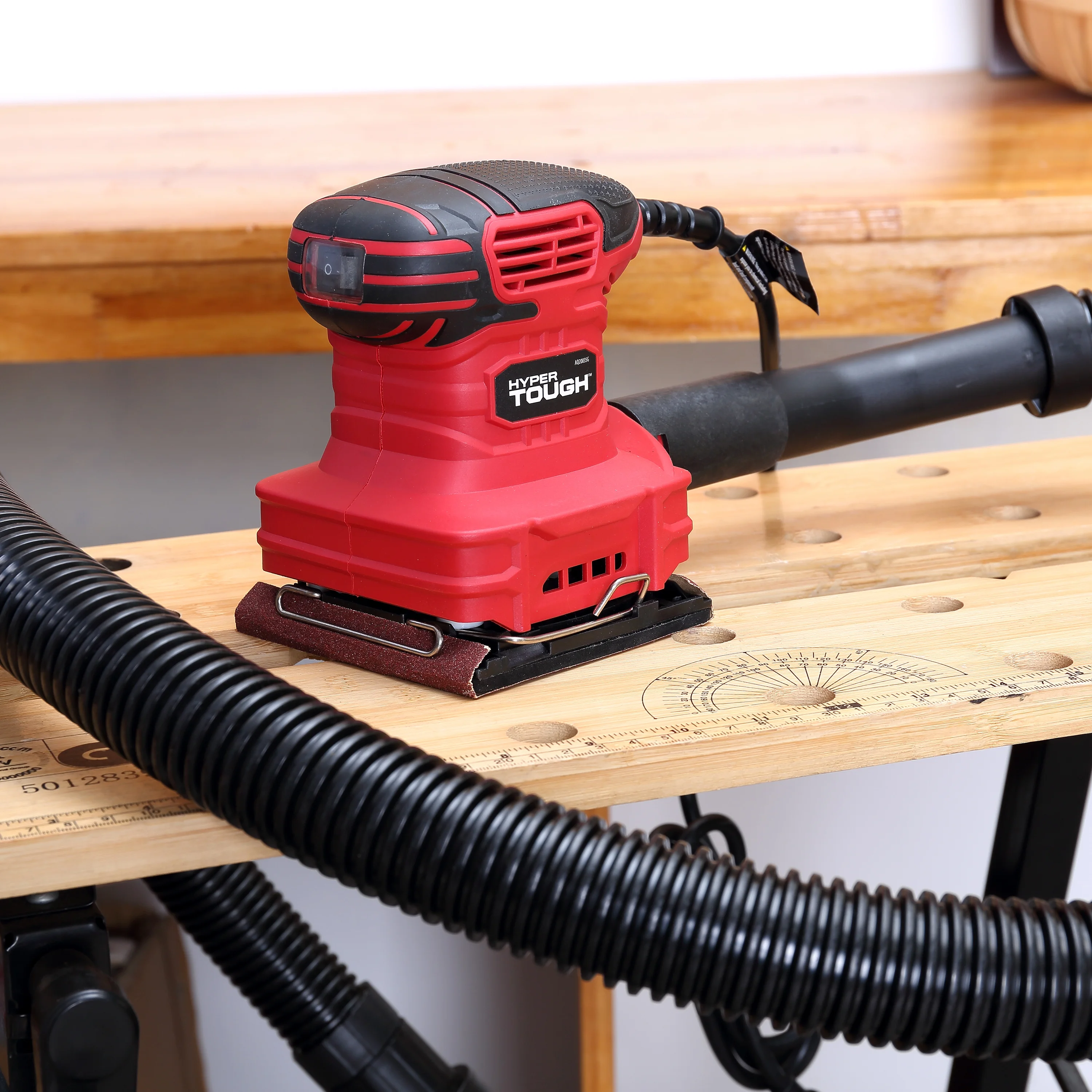 Hyper Tough 2 AMP Corded 1/4 Sheet Palm Sander with Dust Bag, Vacuum Hose Adapter, Punch Plate & 3 Sanding Sheets (60, 80 & 120 Grit) - Inhomebuy