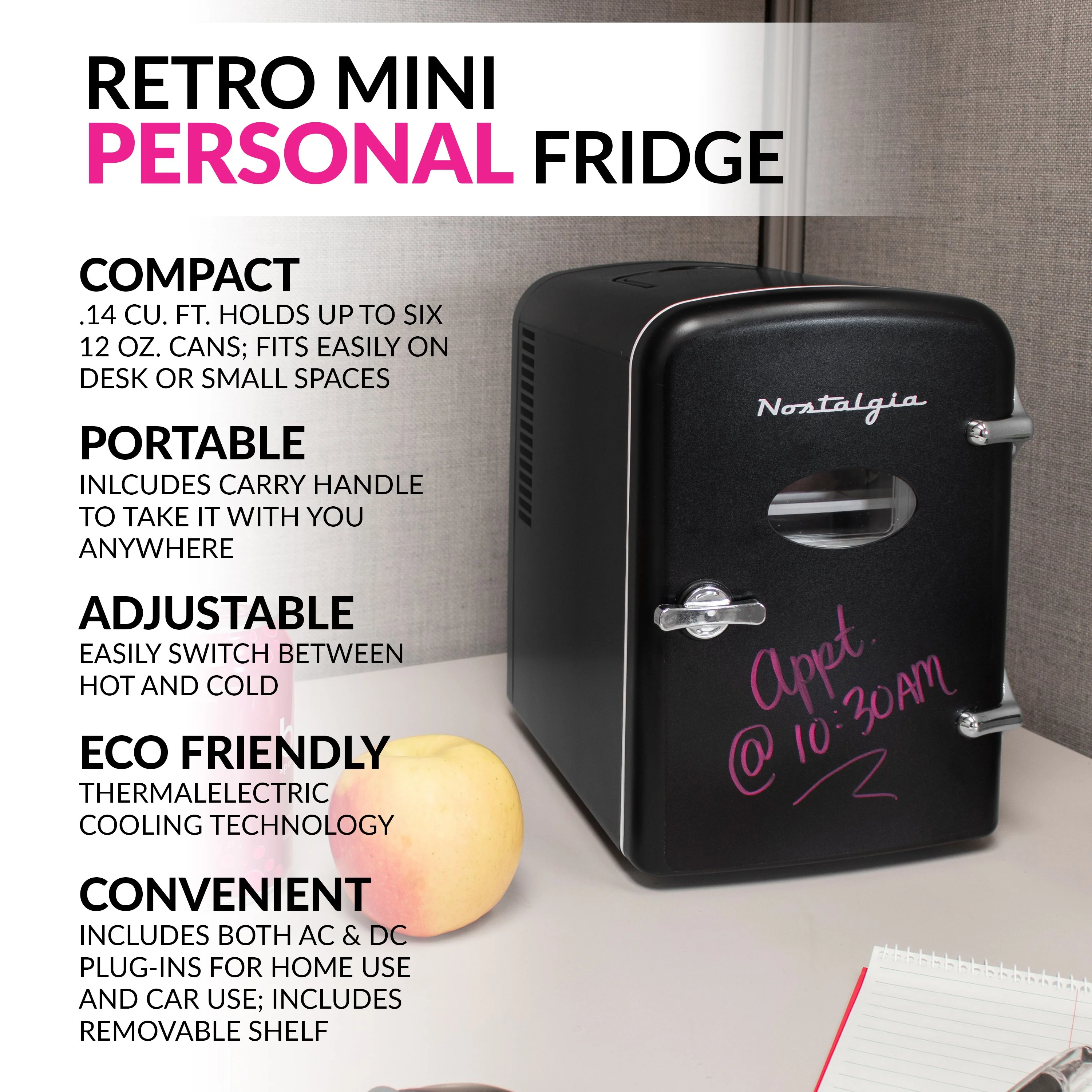 Retro 6-Can Personal Cooling and Heating Refrigerator with Display Window, Dry Erase Door and Carry Handle, Black - Inhomebuy
