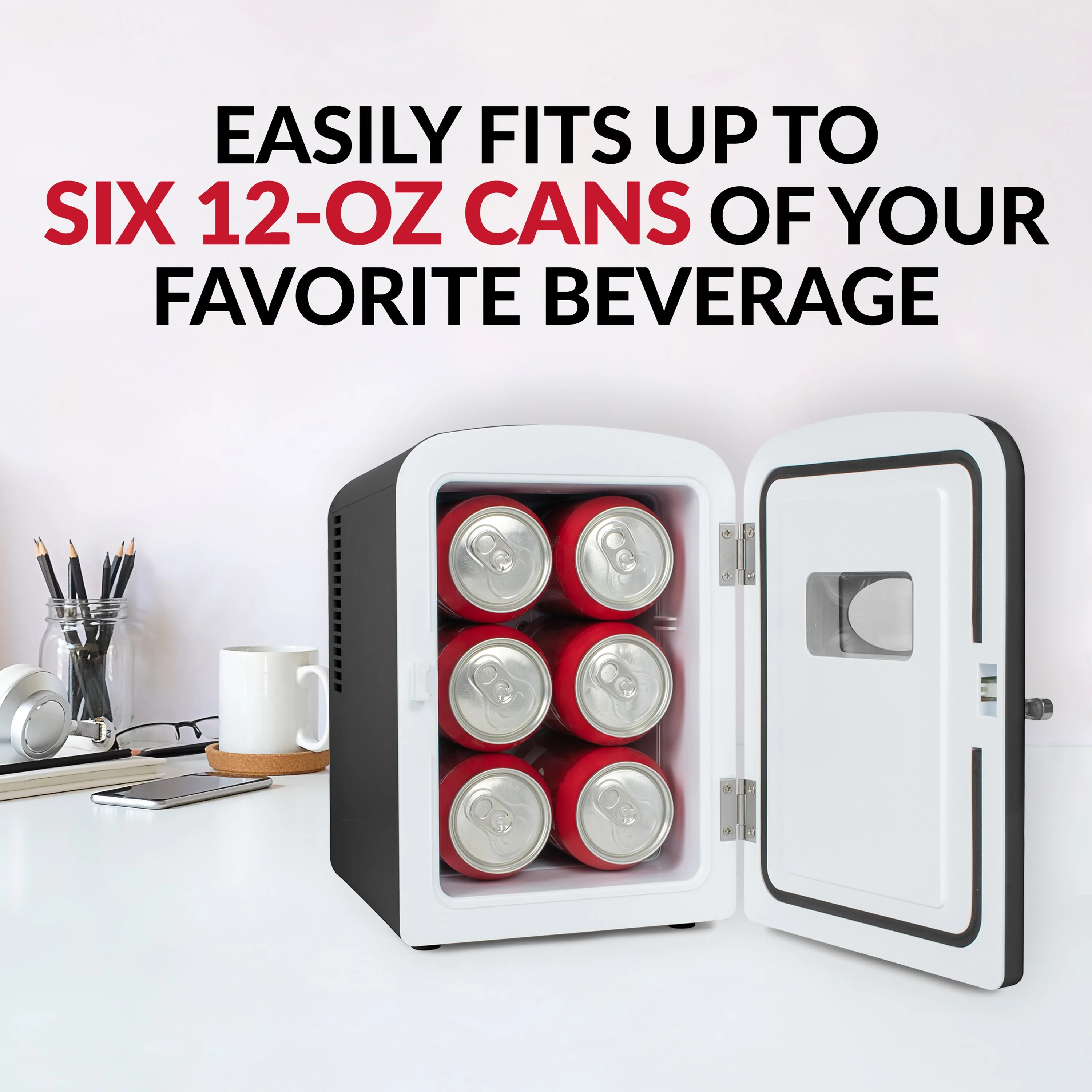 Retro 6-Can Personal Cooling and Heating Refrigerator with Display Window, Dry Erase Door and Carry Handle, Black - Inhomebuy