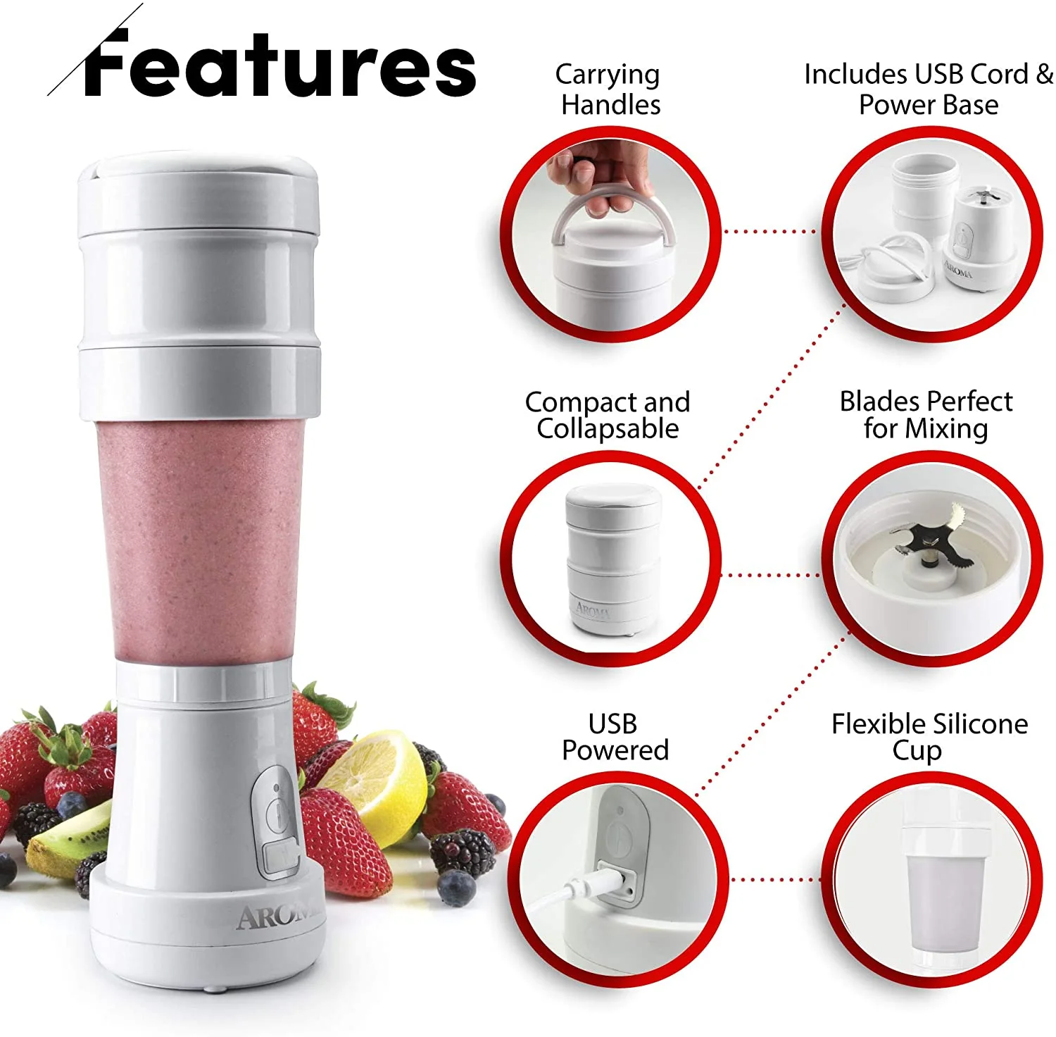 Aroma Travel Blender: 7oz rechargable USB powered | AMX-001 - Inhomebuy