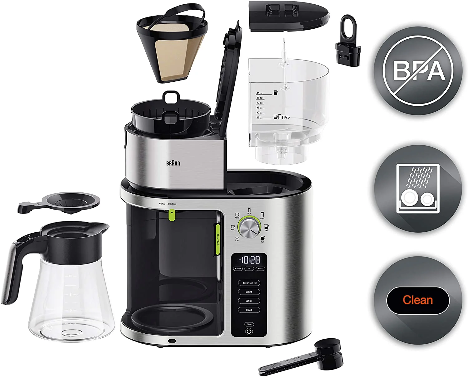 Braun MultiServe Coffee Maker + Hot Water: 7 programmable brew sizes (up to 10 cups) / 3 strengths + iced coffee, SCA certified, s/s | KF9070SI - Inhomebuy