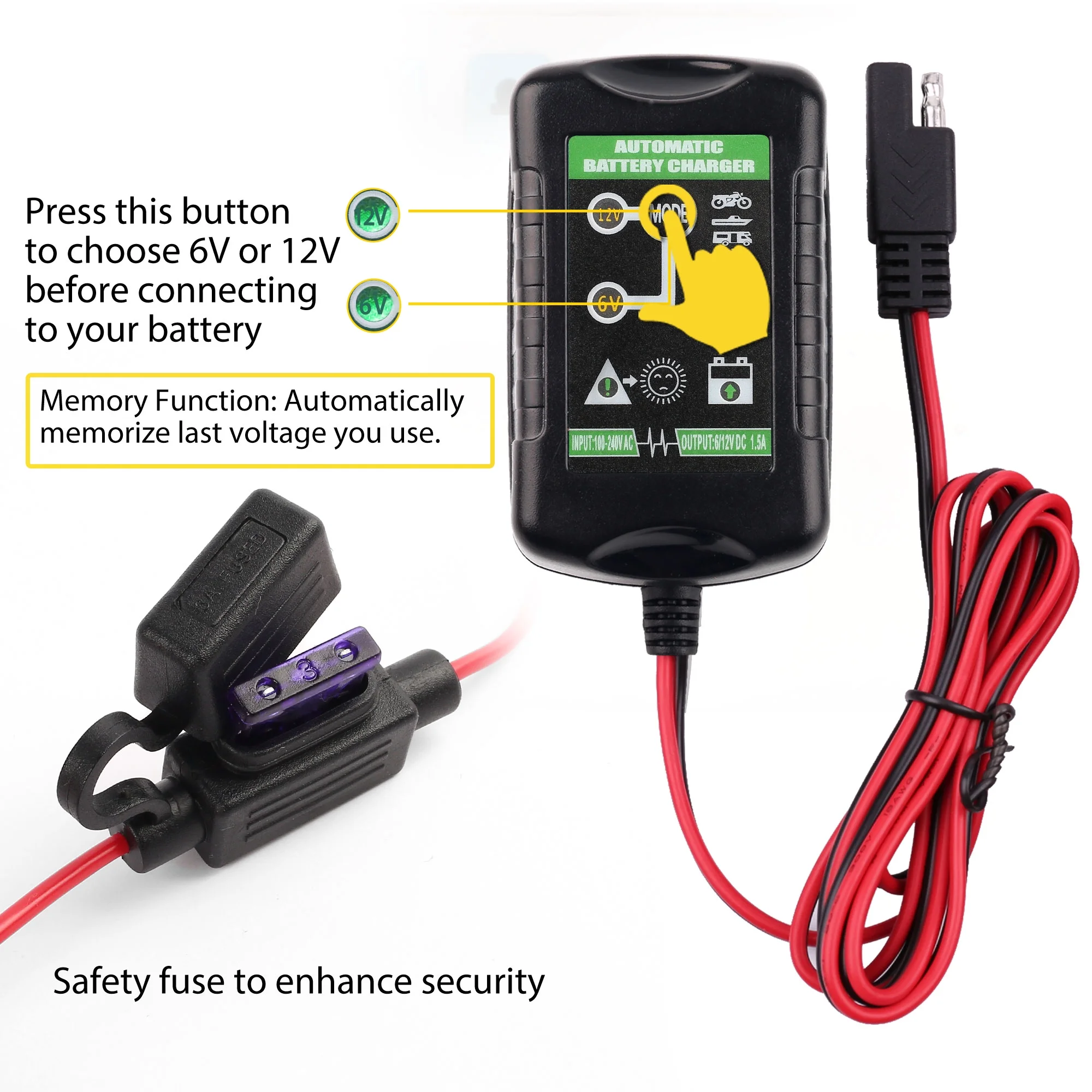 LotFancy Battery Trickle Charger Automatic 6V 12V 1.5A, Battery Tender Charger Universal Power Battery Maintainer for Automotive Car, Automotive, Motorcycle, Boats, ATVs, RVs, Lawn Mower - Inhomebuy