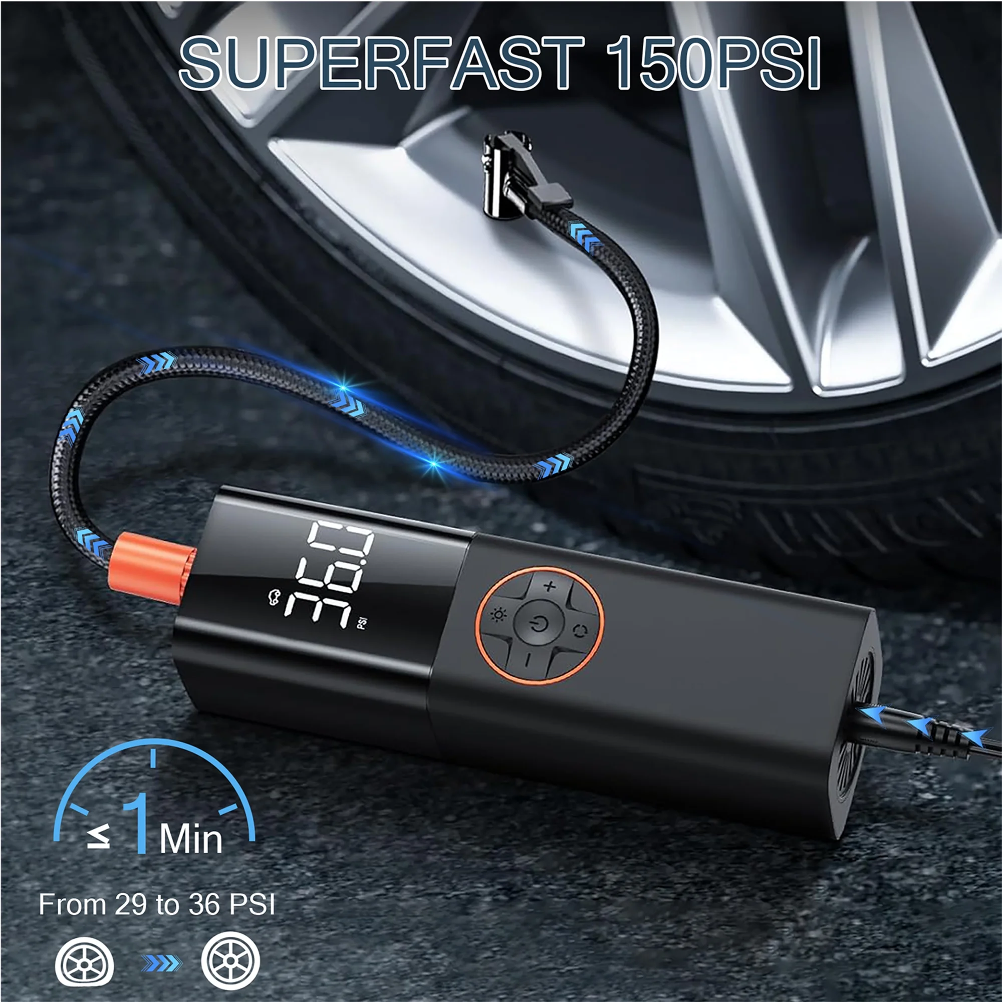 AOMBOO Tire Inflator Portable Air Compressor, Cordless 150PSI Car Air Pump with Digital Dual Screen, Small Car Tire Inflator with LED for Car, Bike, Ball - Inhomebuy