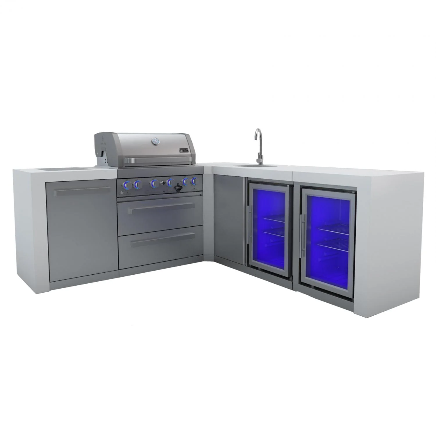 Mont Alpi 400 Deluxe Island Grill with Beverage Center, 90 Degree Corner and Fridge Cabinet, MAi400-DBEV90FC - Inhomebuy